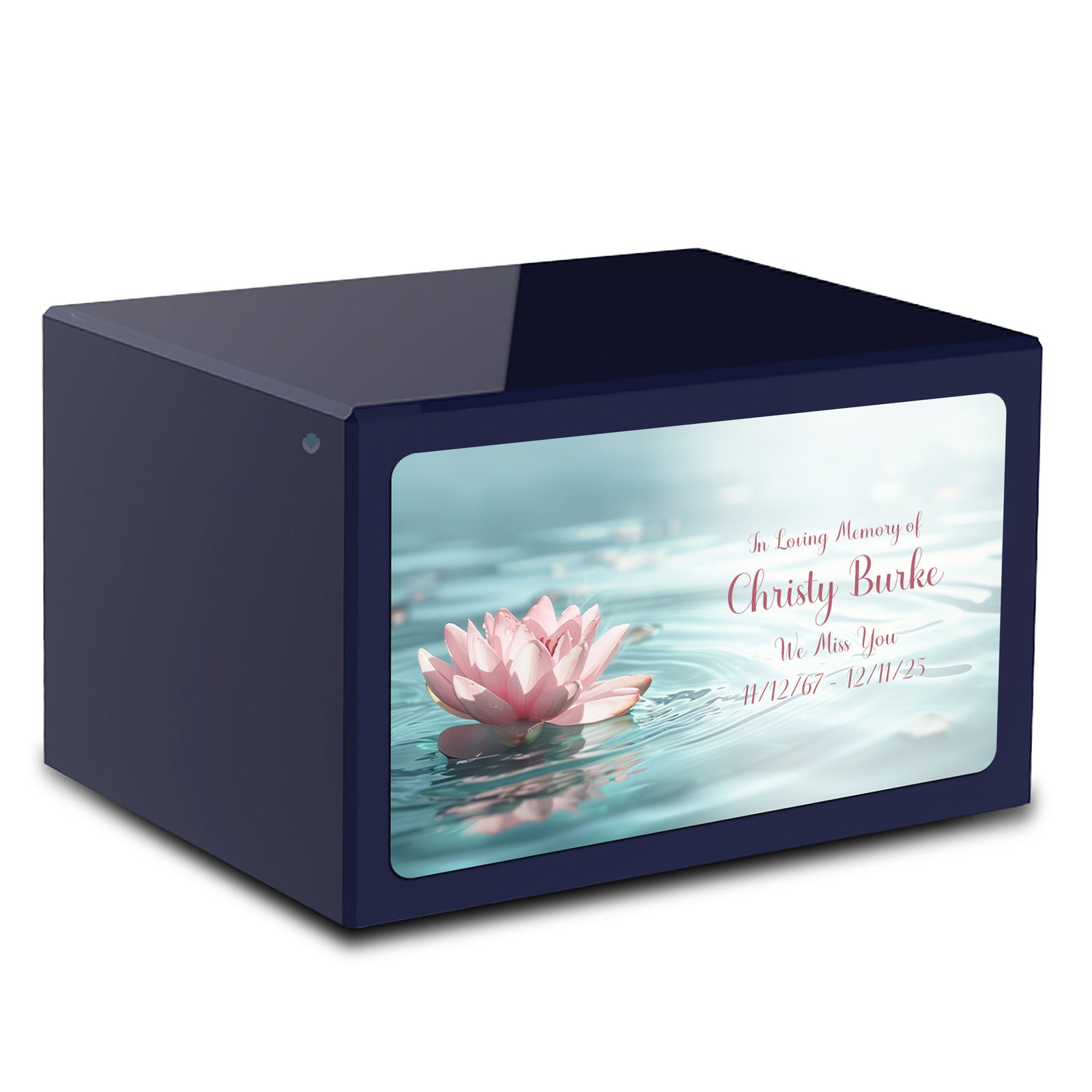Custom Printed Heritage Navy Blue Lotus Flower Wood Box Cremation Urn