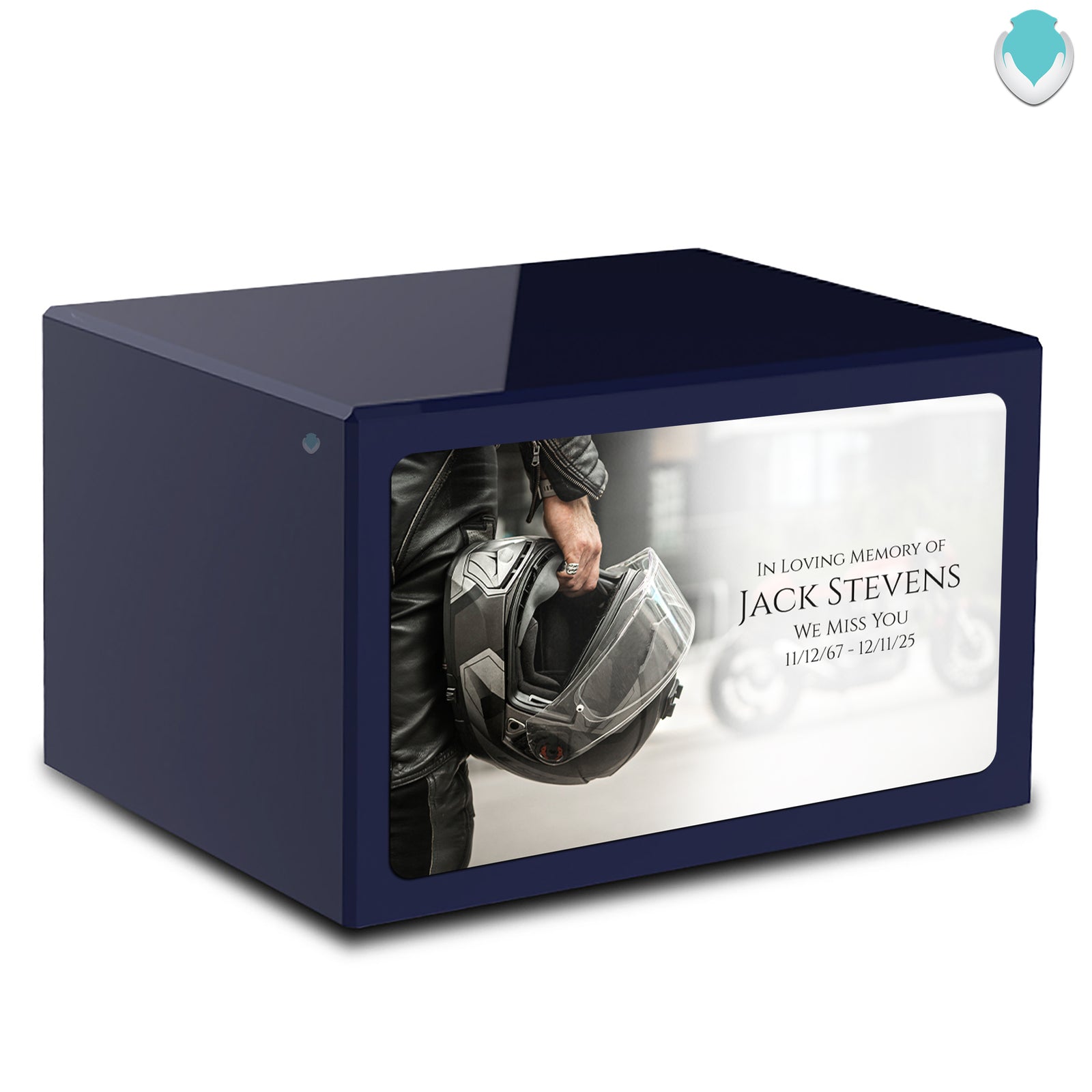 Custom Printed Heritage Navy Blue Motorcycle Helmet Wood Cremation Urn Box