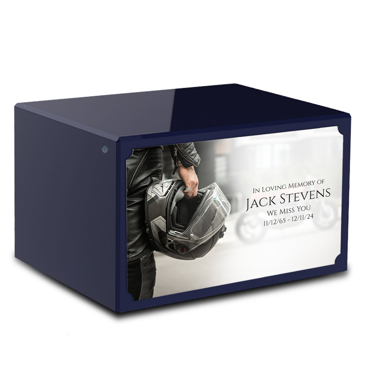 Custom Printed Heritage Navy Blue Motorcycle Helmet Wood Cremation Urn Box