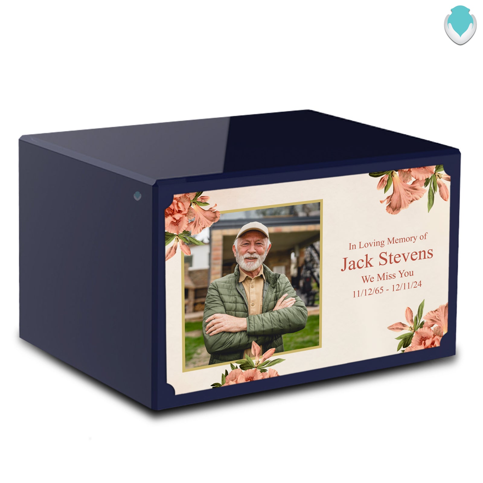 Custom Printed Heritage Navy Blue Azalea Flower Wood Box Cremation Urn