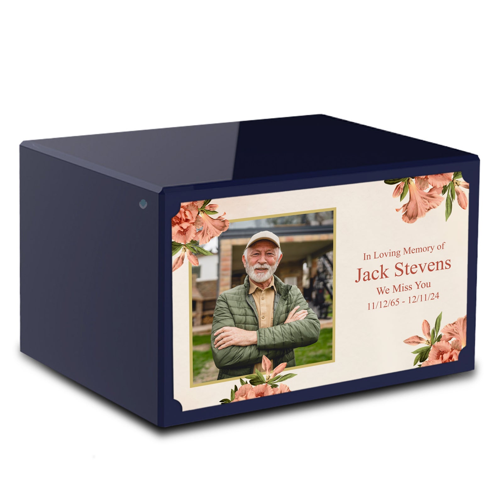 Custom Printed Heritage Navy Blue Azalea Flower Wood Box Cremation Urn