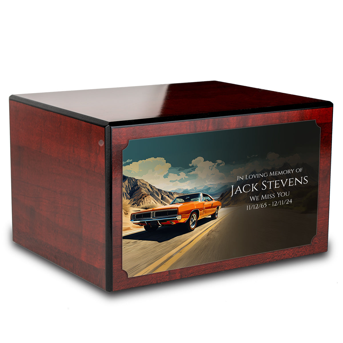 Custom Printed Heritage Cherry Classic Car Wood Box Cremation Urn