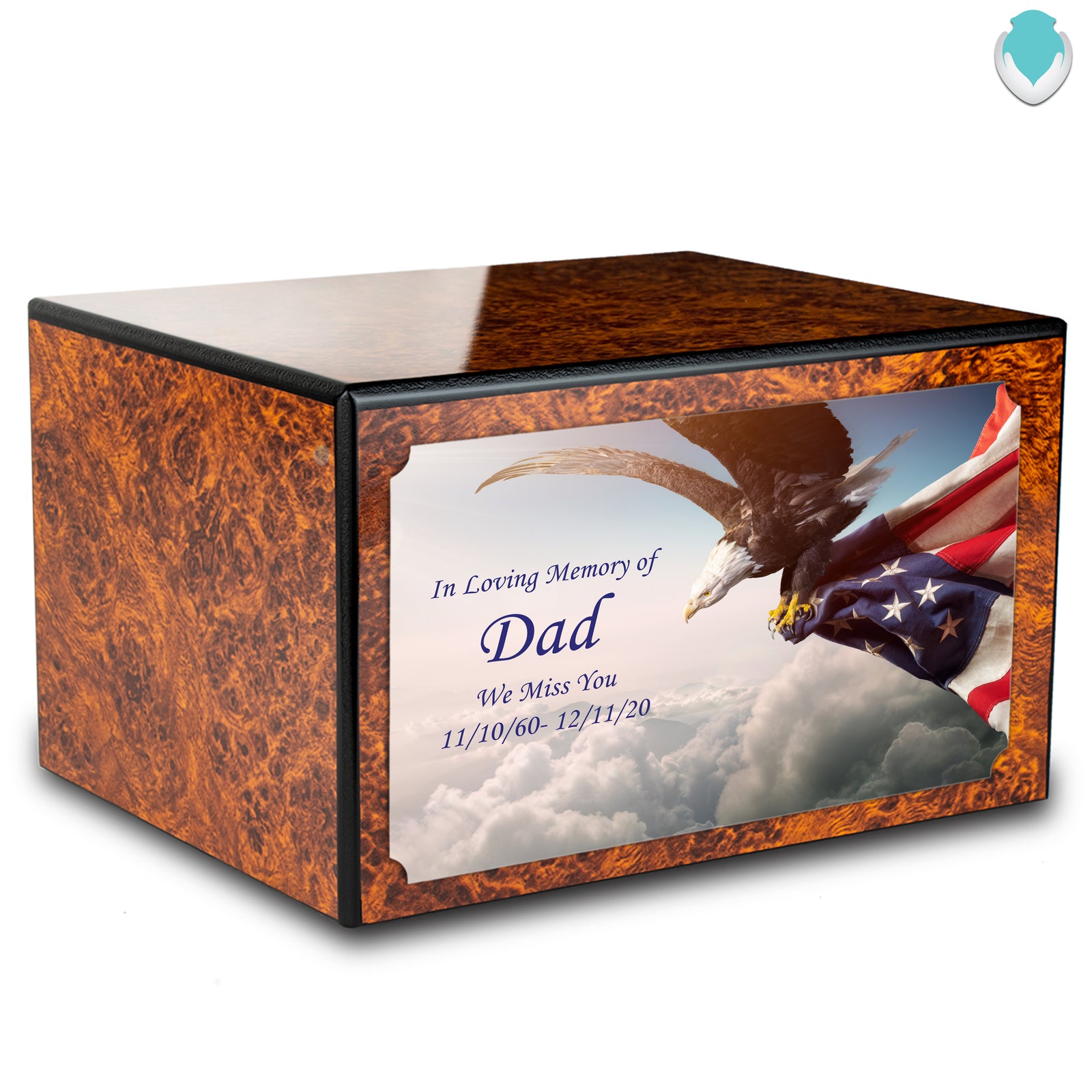 Custom Printed Heritage Burl American Eagle Wood Box Cremation Urn
