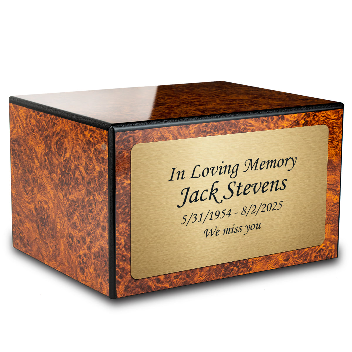 Custom Engraved Heritage Burl Adult Cremation Urn Memorial Box for Ashes