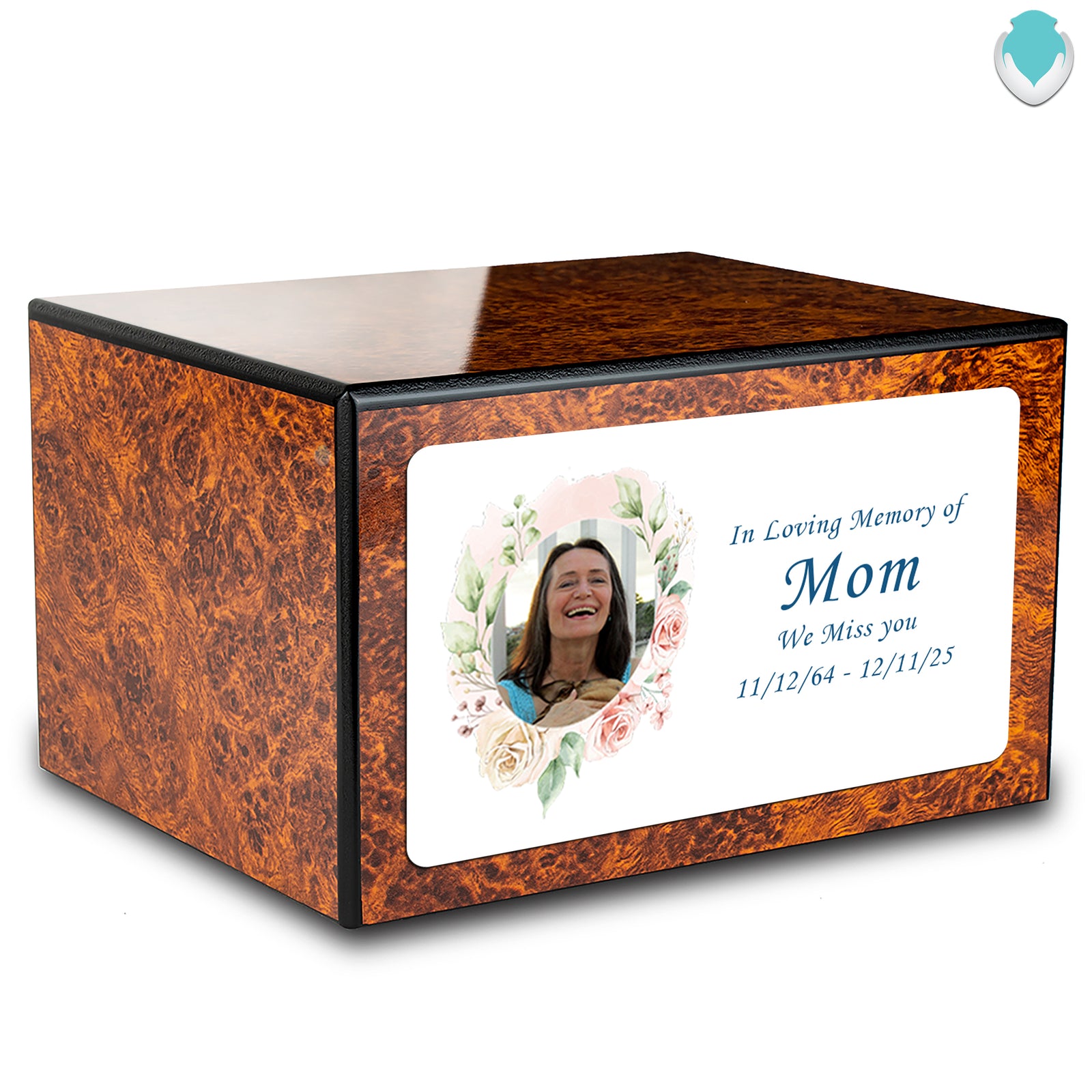 Custom Printed Heritage Burl Photo Frame Wood Box Cremation Urn