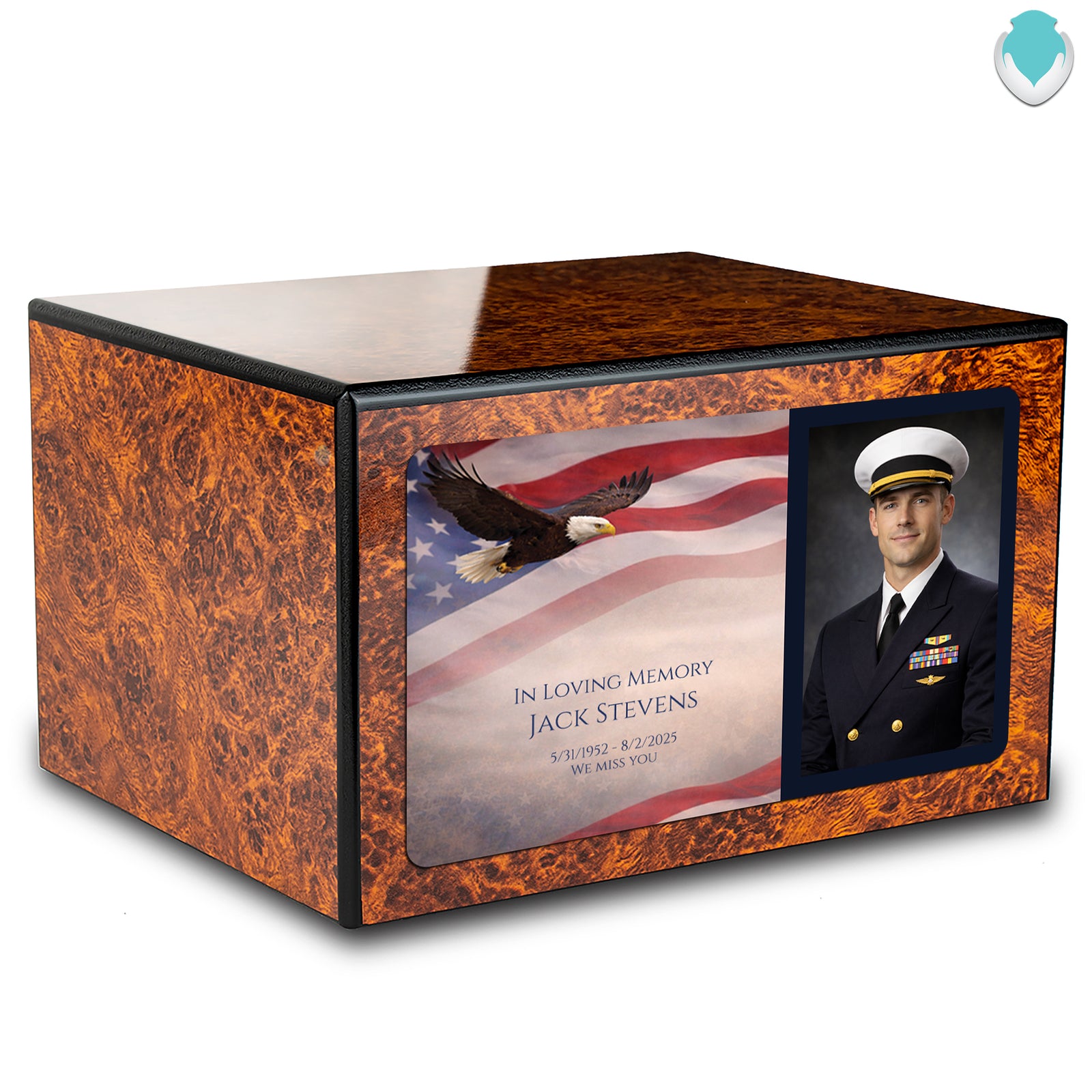 Custom Printed Heritage Burl Photo American Glory Wood Box Cremation Urn