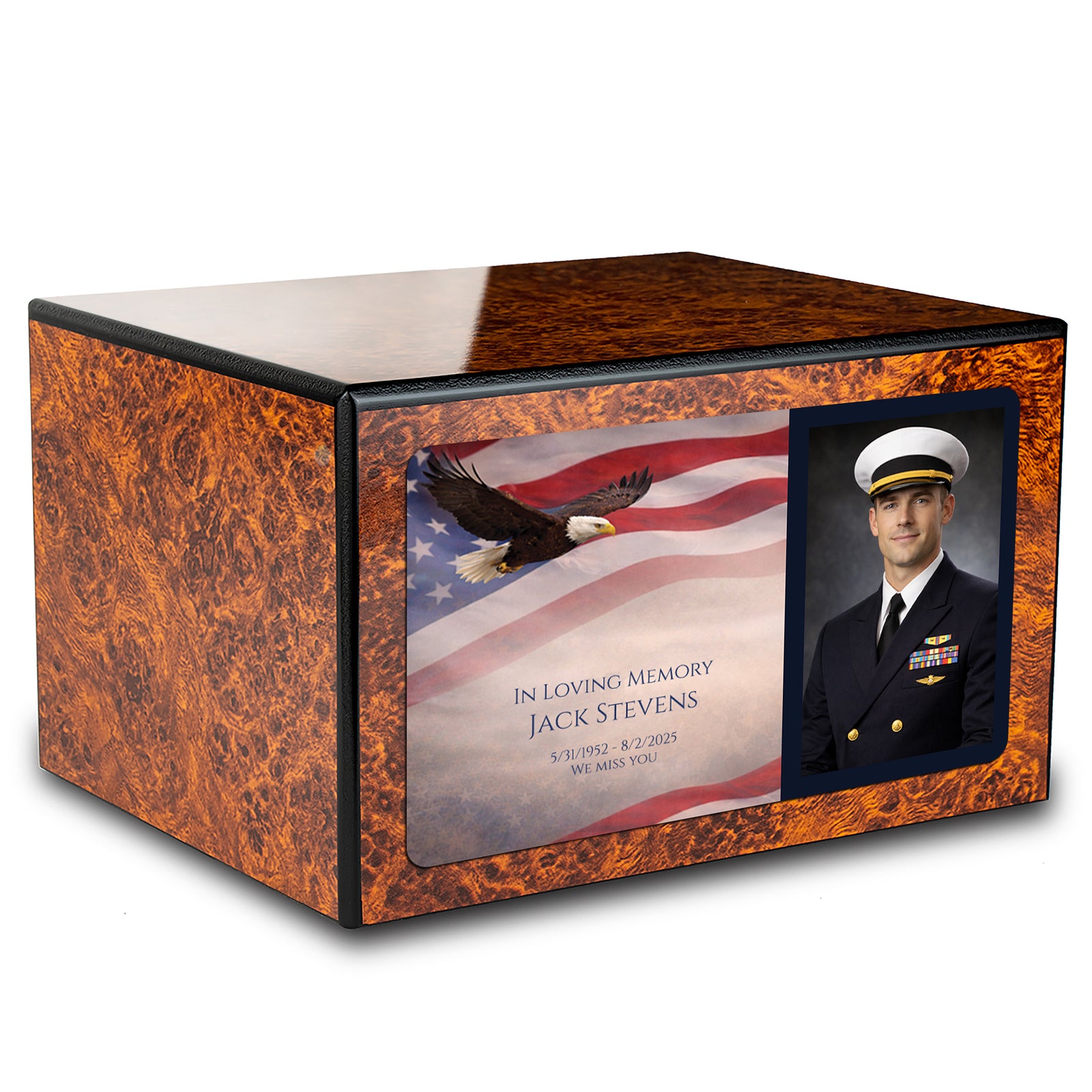 Custom Printed Heritage Burl Photo American Glory Wood Box Cremation Urn