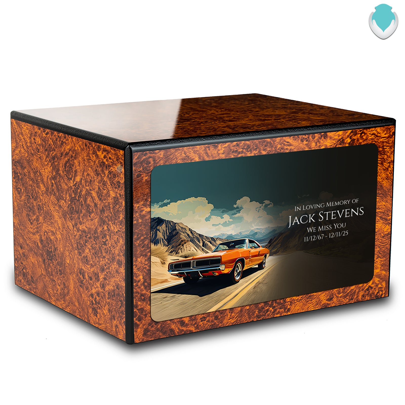 Custom Printed Heritage Burl Classic Car Wood Box Cremation Urn