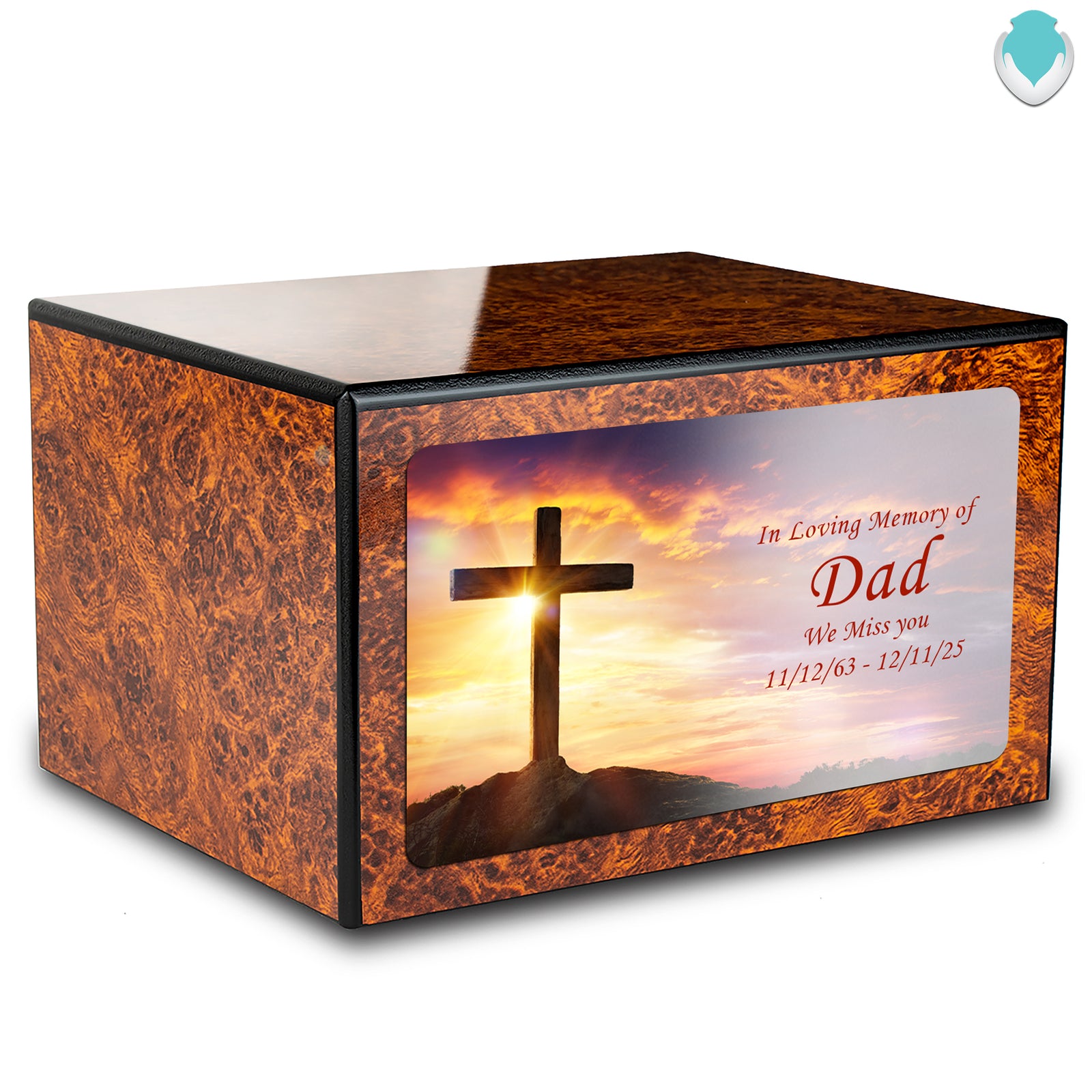 Custom Printed Heritage Burl Cross Wood Box Cremation Urn
