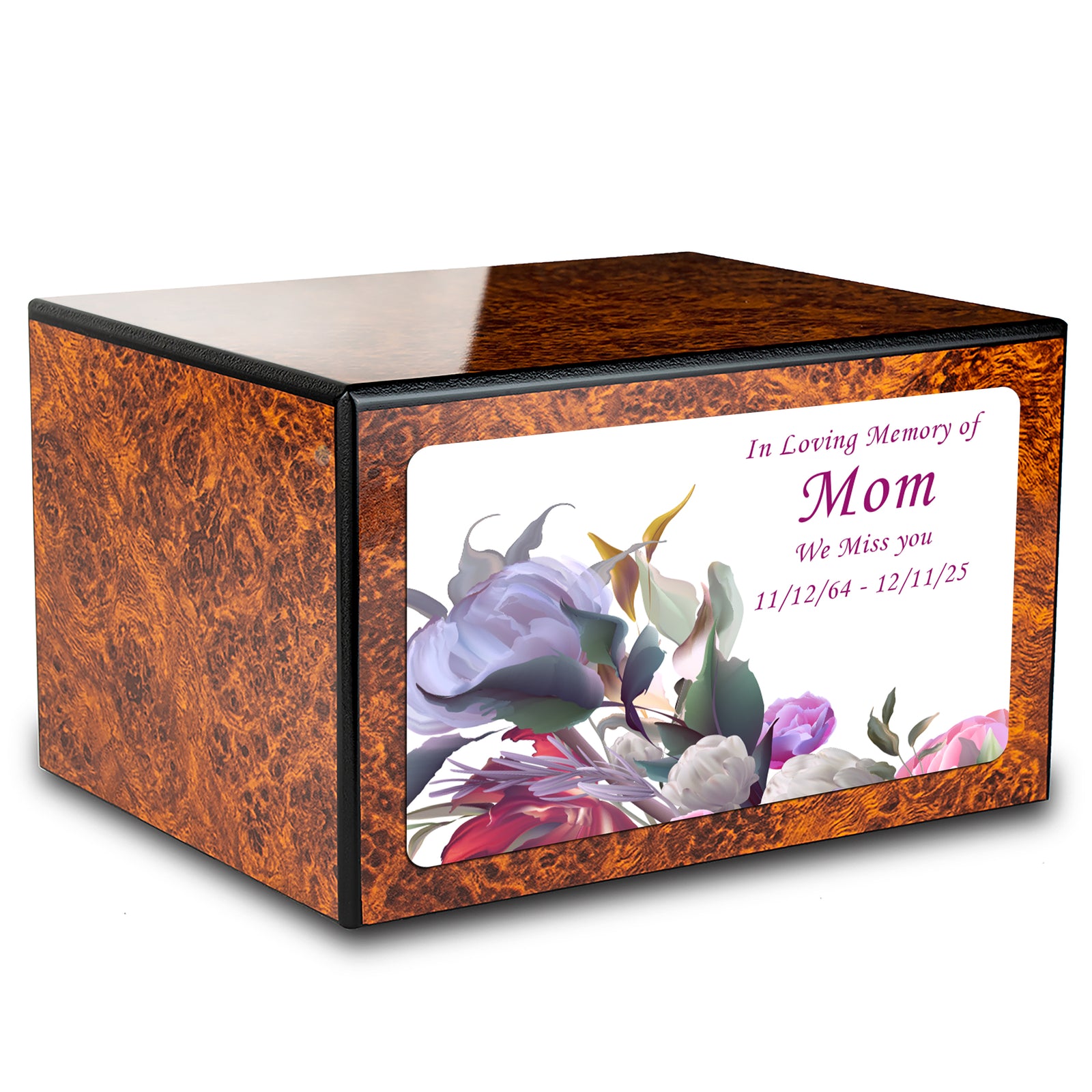 Custom Printed Heritage Burl Flowers Wood Box Cremation Urn