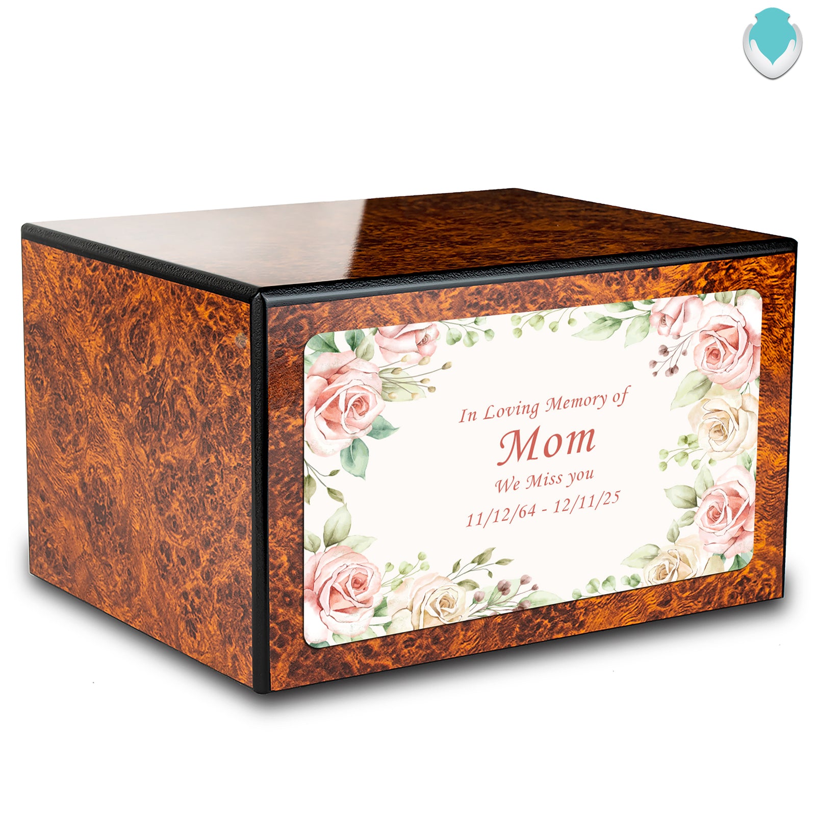 Custom Printed Heritage Burl Flower Frame Wood Box Cremation Urn