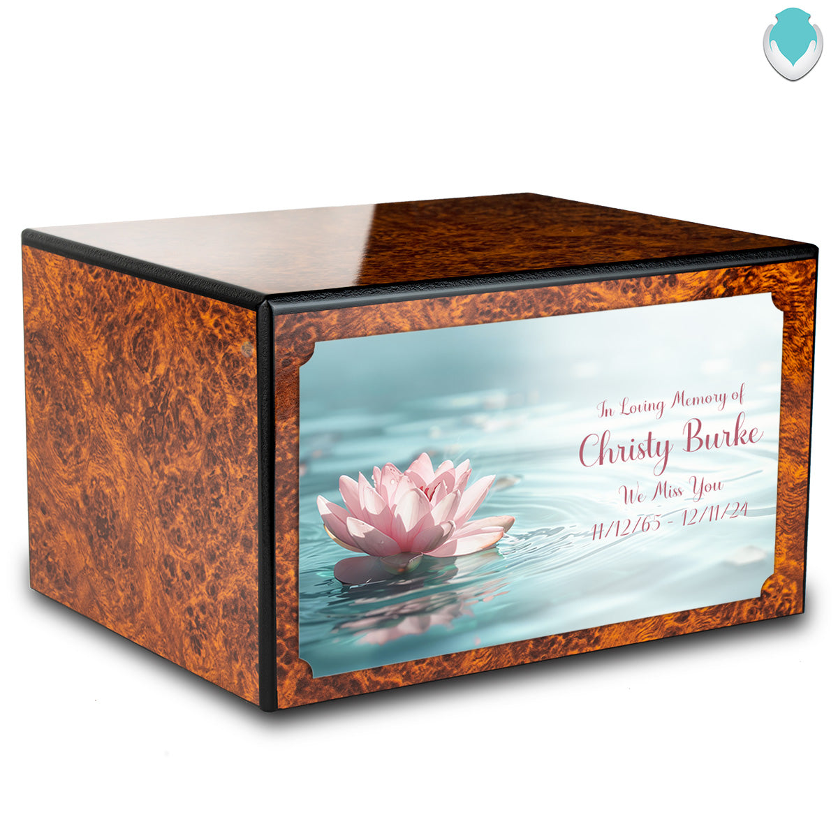 Custom Printed Heritage Burl Lotus Flower Wood Box Cremation Urn