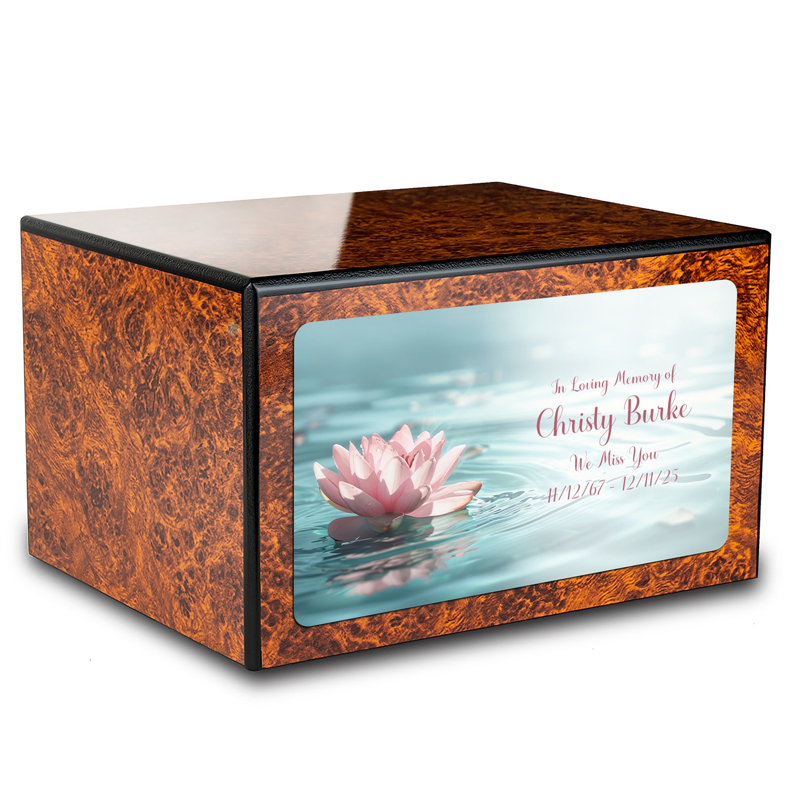 Custom Printed Heritage Burl Lotus Flower Wood Box Cremation Urn