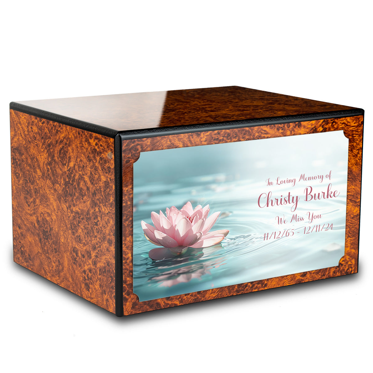 Custom Printed Heritage Burl Lotus Flower Wood Box Cremation Urn