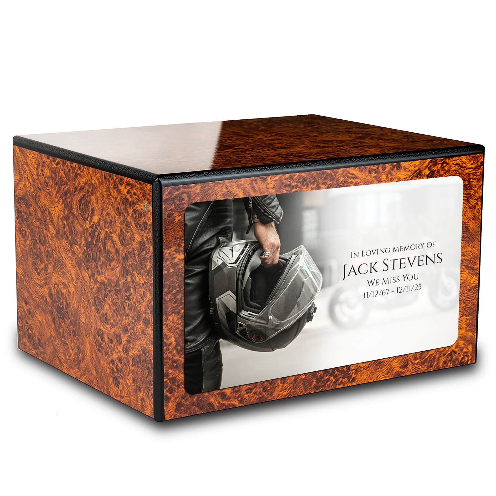 Custom Printed Heritage Burl Motorcycle Helmet Wood Box Cremation Urn