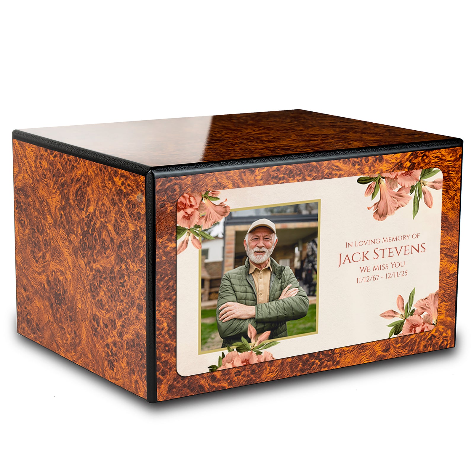 Custom Printed Heritage Burl Azalea Flower Wood Box Cremation Urn