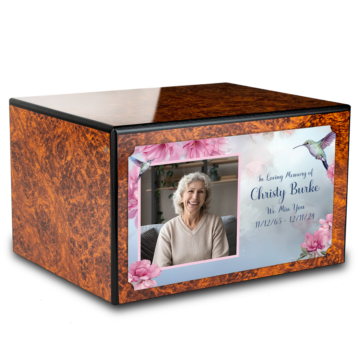 Custom Printed Heritage Burl Photo Hummingbird Wood Box Cremation Urn