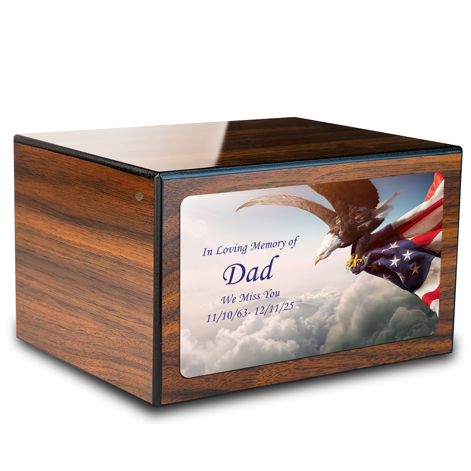 Custom Printed Heritage Walnut American Eagle Wood Box Cremation Urn