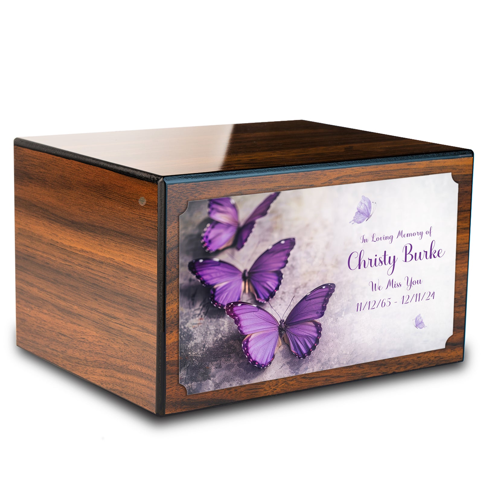 Custom Printed Heritage Walnut Butterflies Wood Box Cremation Urn