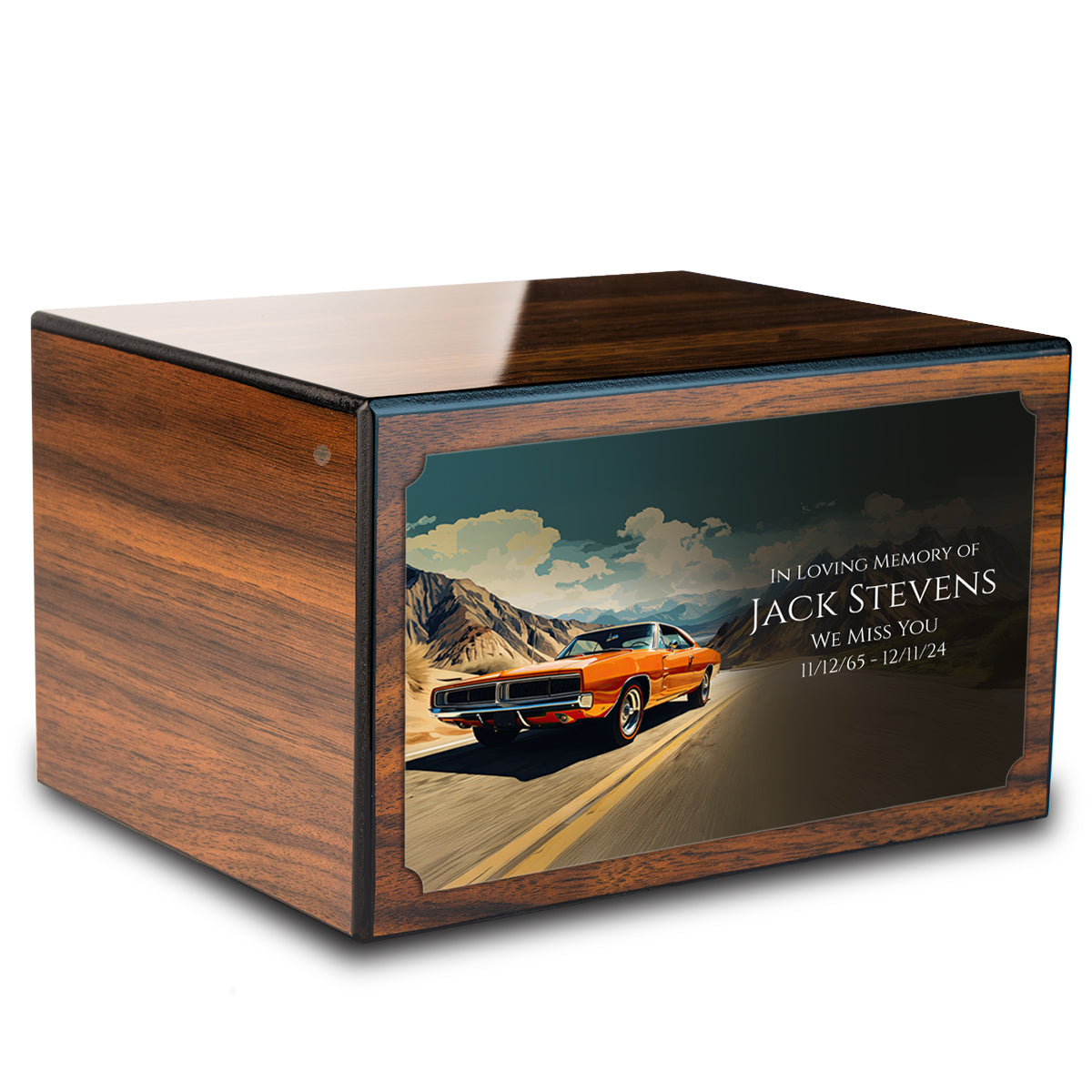 Custom Printed Heritage Walnut Classic Car Wood Box Cremation Urn