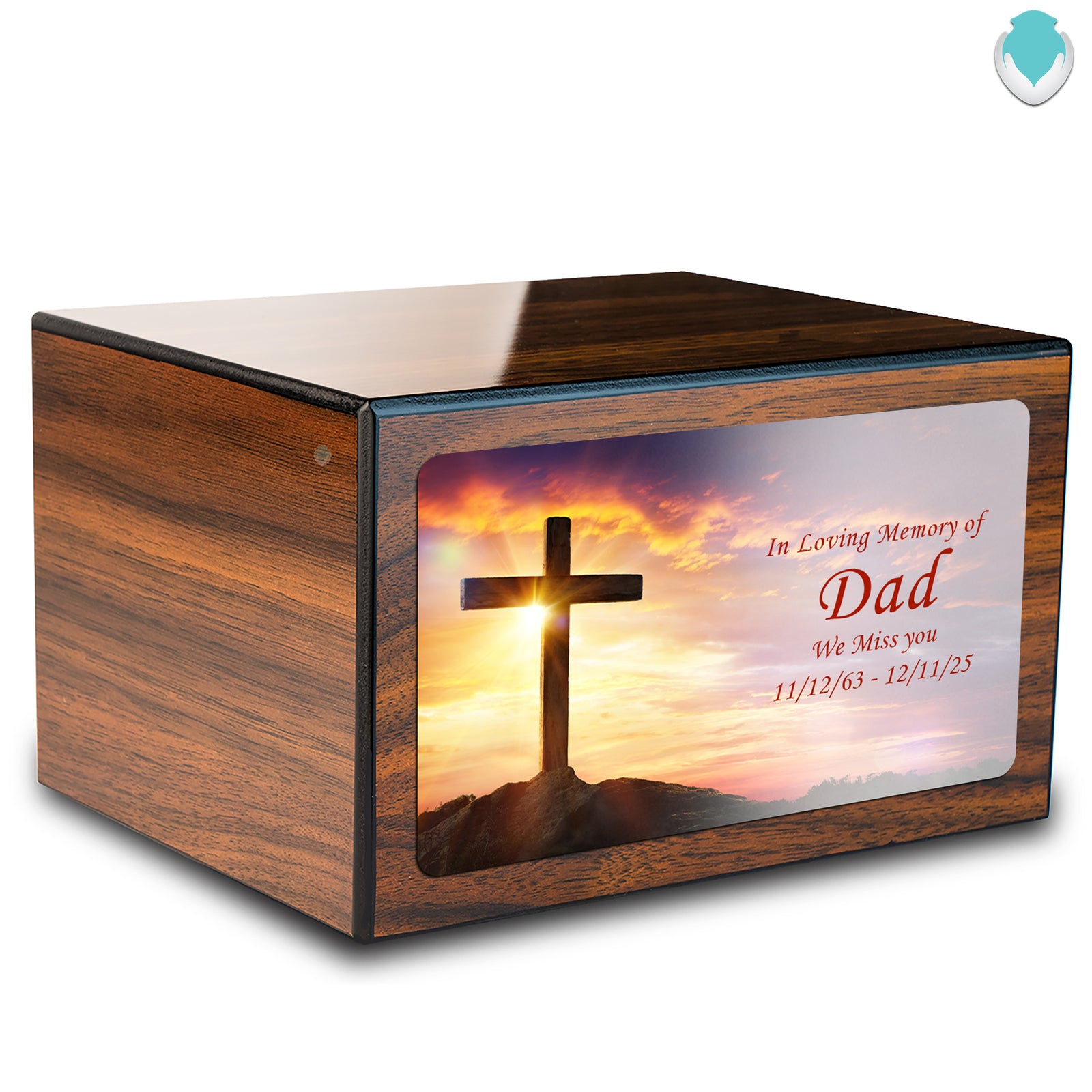 Custom Printed Heritage Walnut Cross Wood Box Cremation Urn