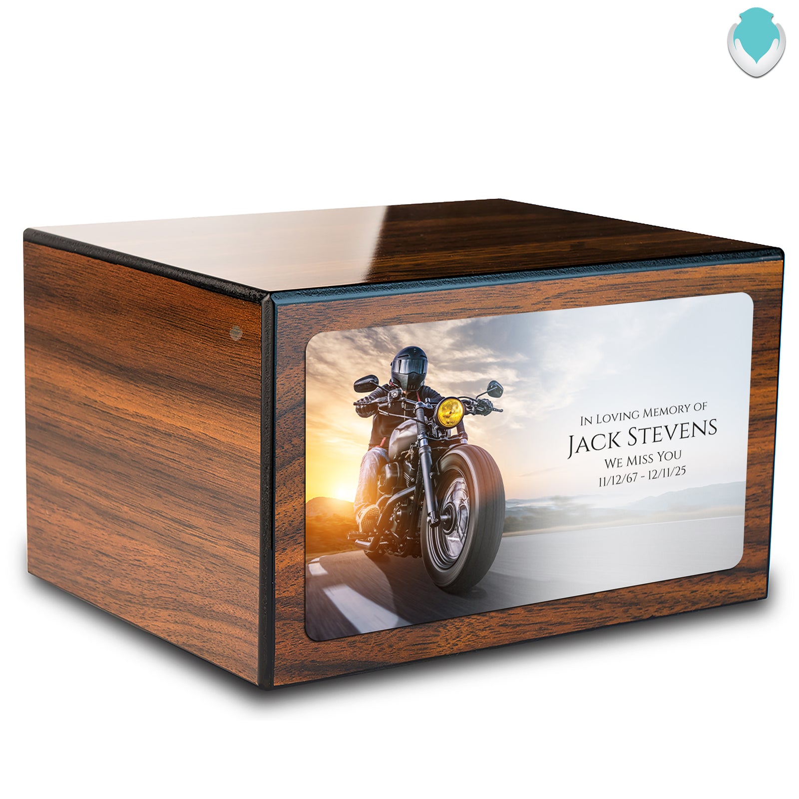 Custom Printed Heritage Walnut Motorcycle Wood Box Cremation Urn