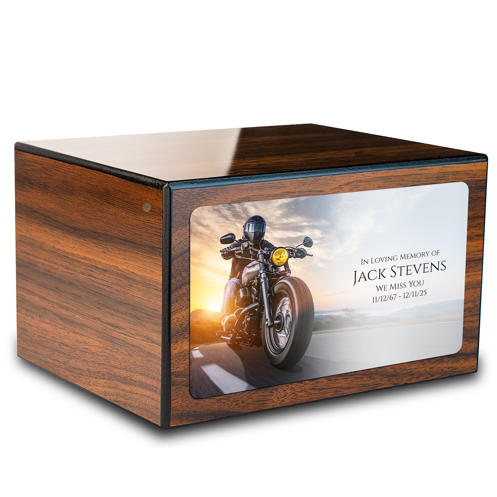 Custom Printed Heritage Walnut Motorcycle Wood Box Cremation Urn