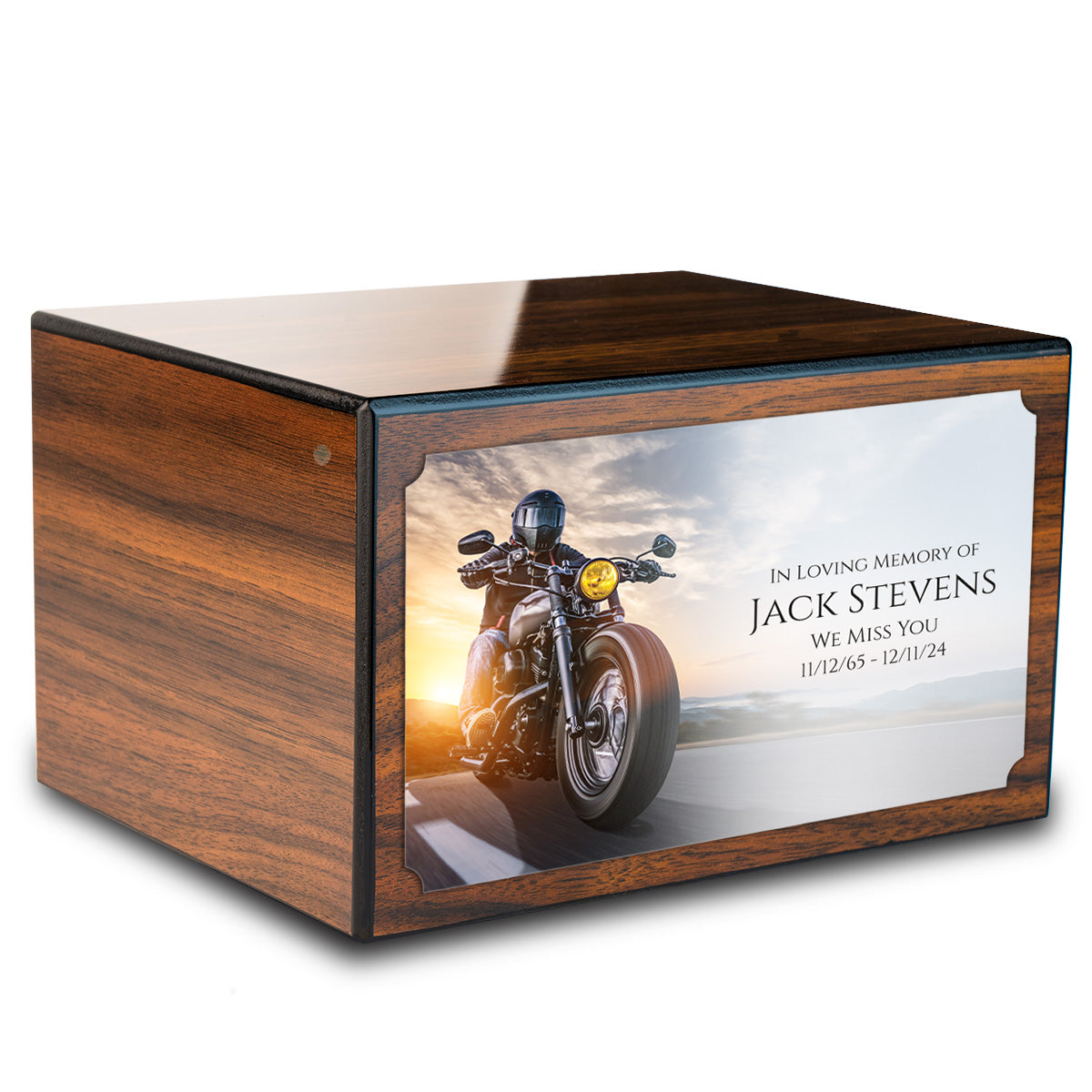 Custom Printed Heritage Walnut Motorcycle Wood Box Cremation Urn