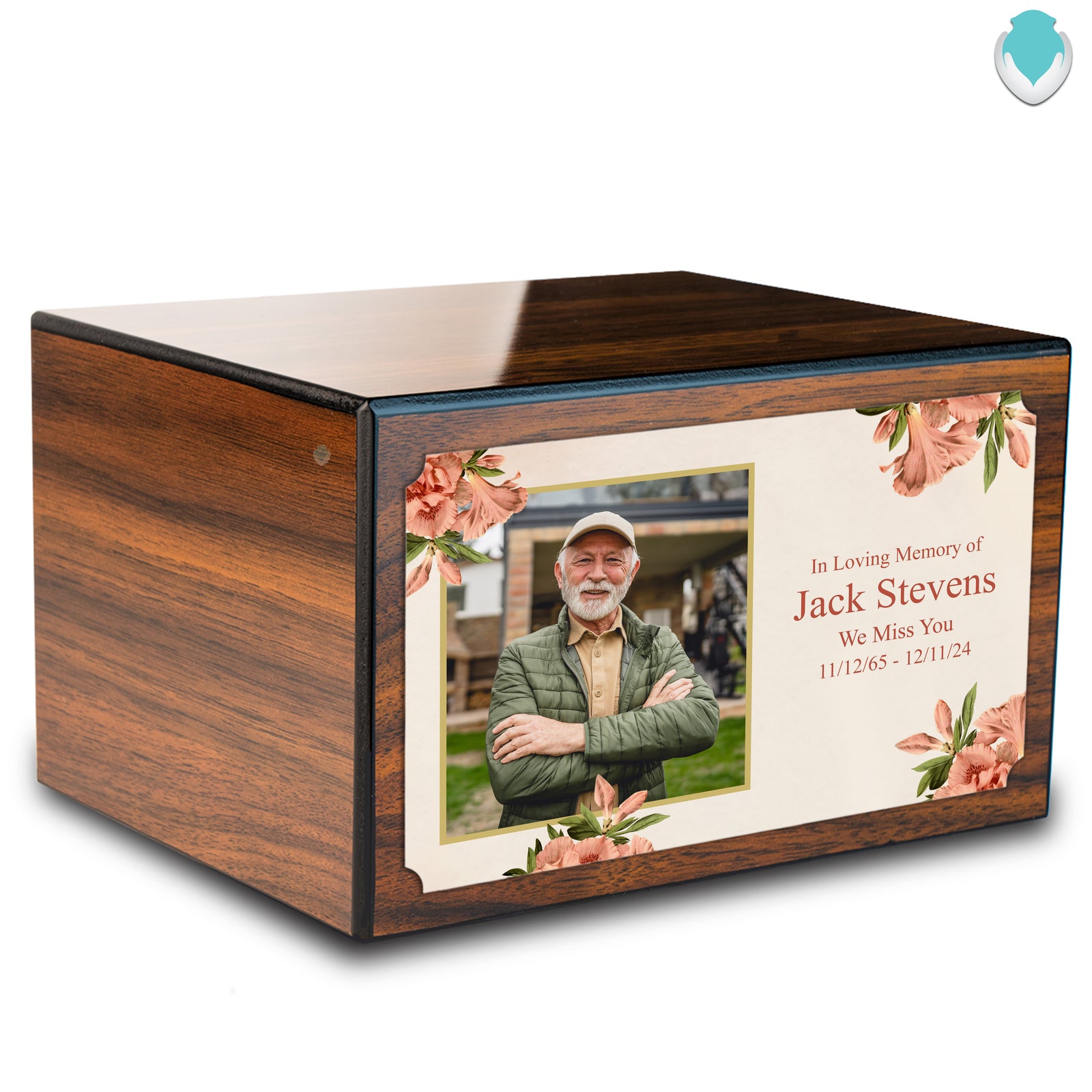 Custom Printed Heritage Walnut Azalea Flower Wood Box Cremation Urn