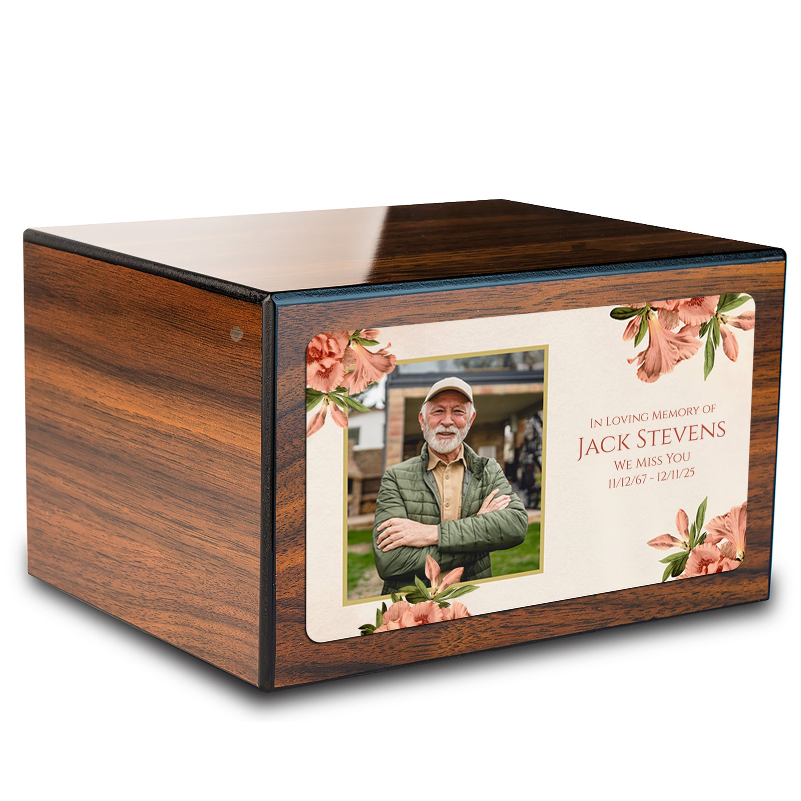 Custom Printed Heritage Walnut Azalea Flower Wood Box Cremation Urn