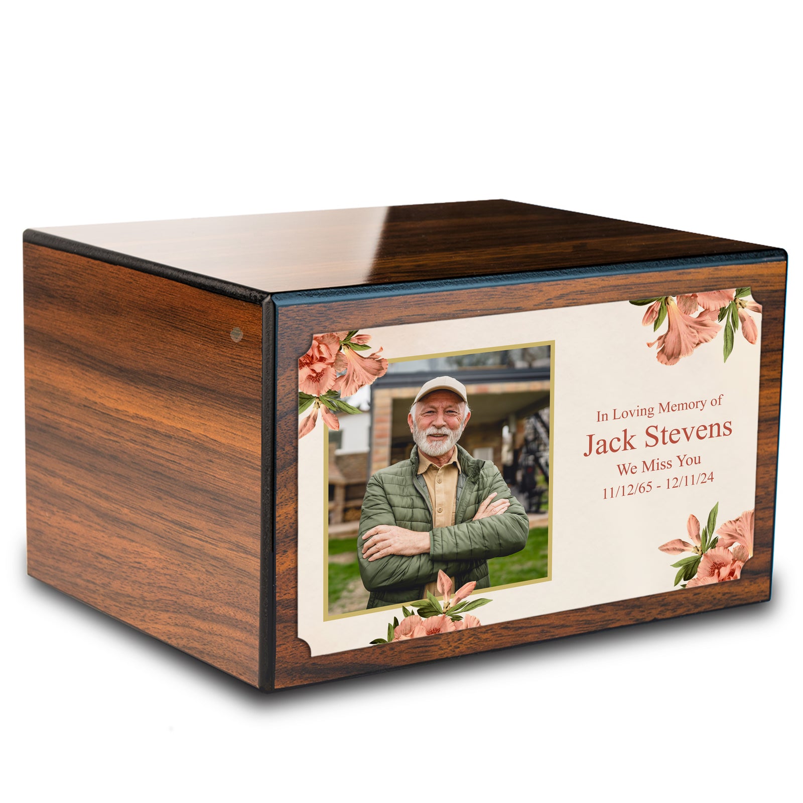 Custom Printed Heritage Walnut Azalea Flower Wood Box Cremation Urn
