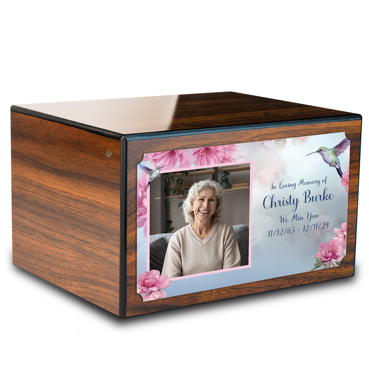 Custom Printed Heritage Walnut Photo Hummingbird Wood Box Cremation Urn