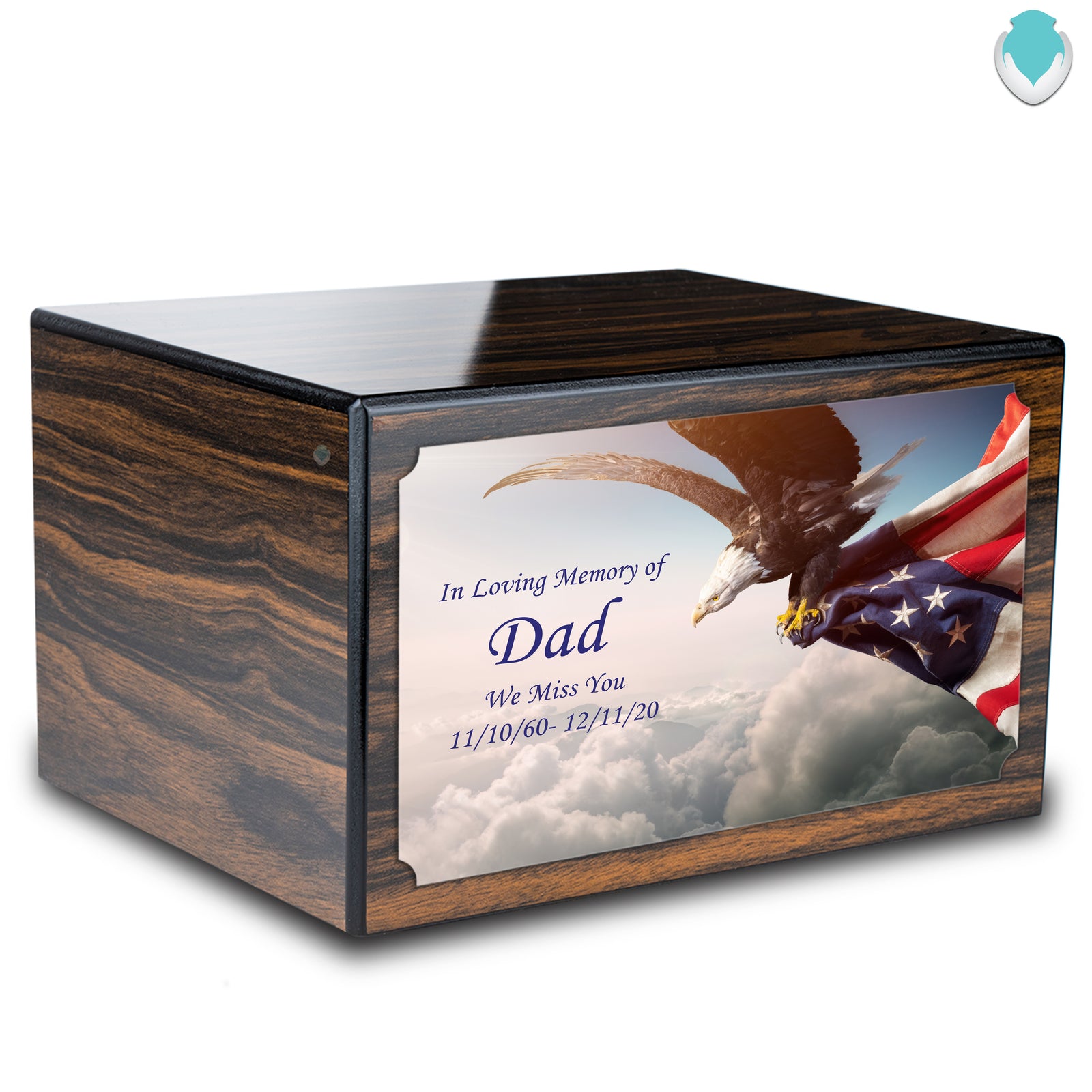 Custom Printed Heritage Espresso American Eagle Wood Box Cremation Urn