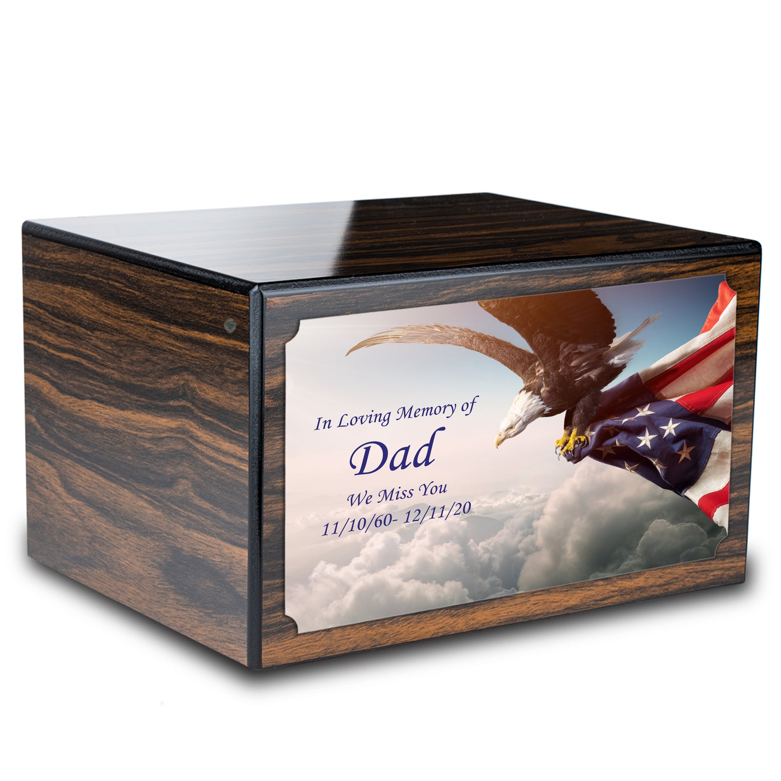 Custom Printed Heritage Espresso American Eagle Wood Box Cremation Urn