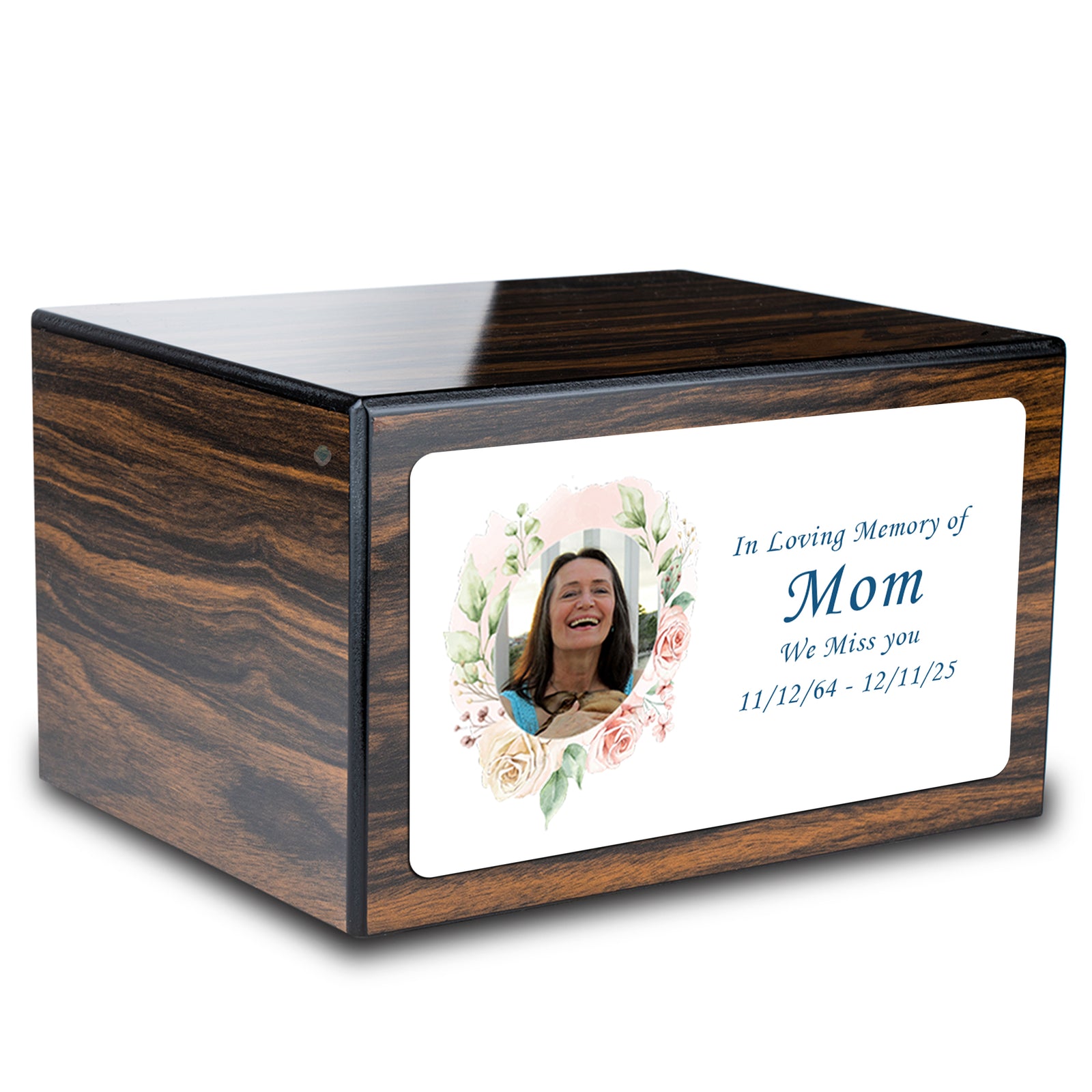 Custom Printed Heritage Espresso Photo Frame Wood Box Cremation Urn