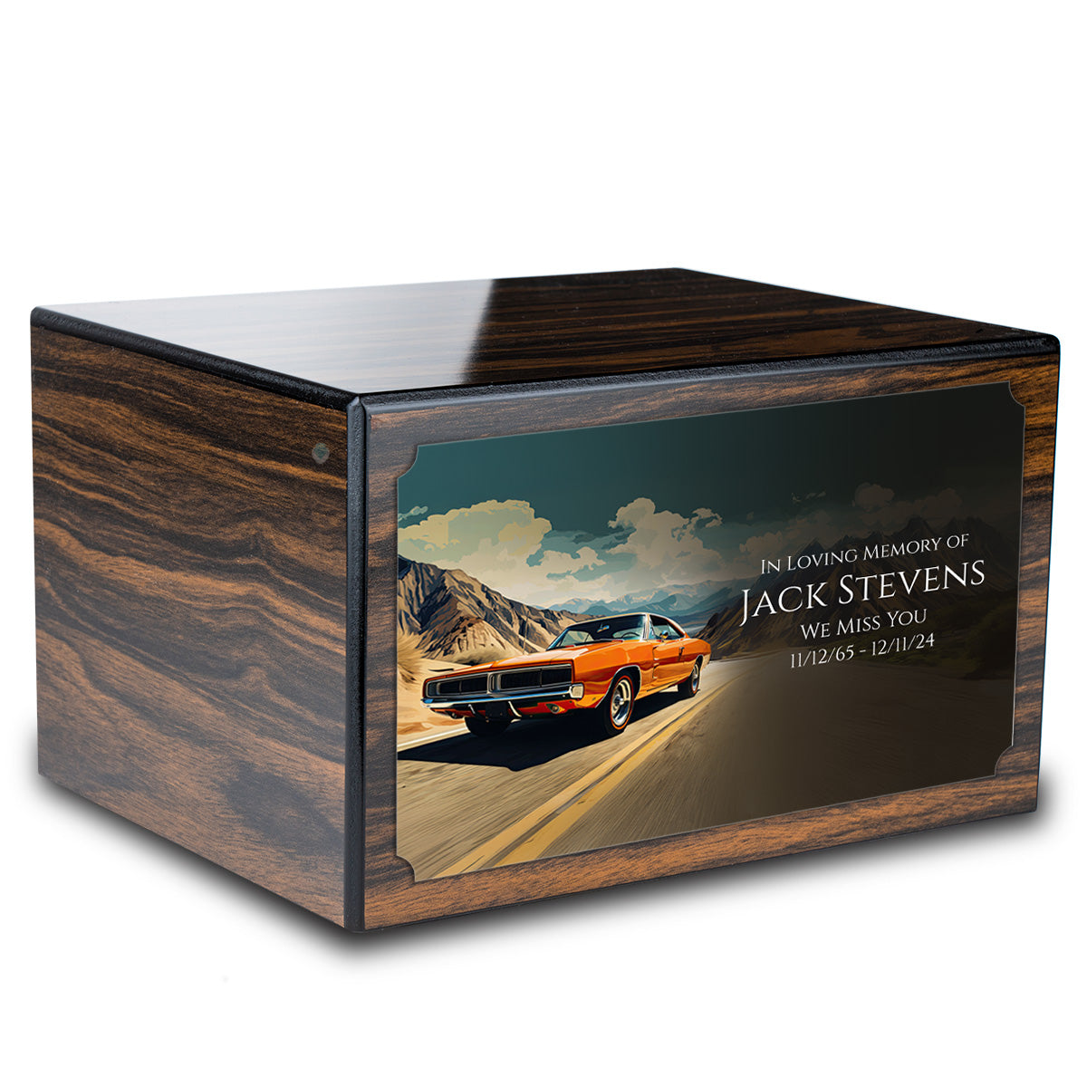 Custom Printed Heritage Espresso Classic Car Wood Box Cremation Urn