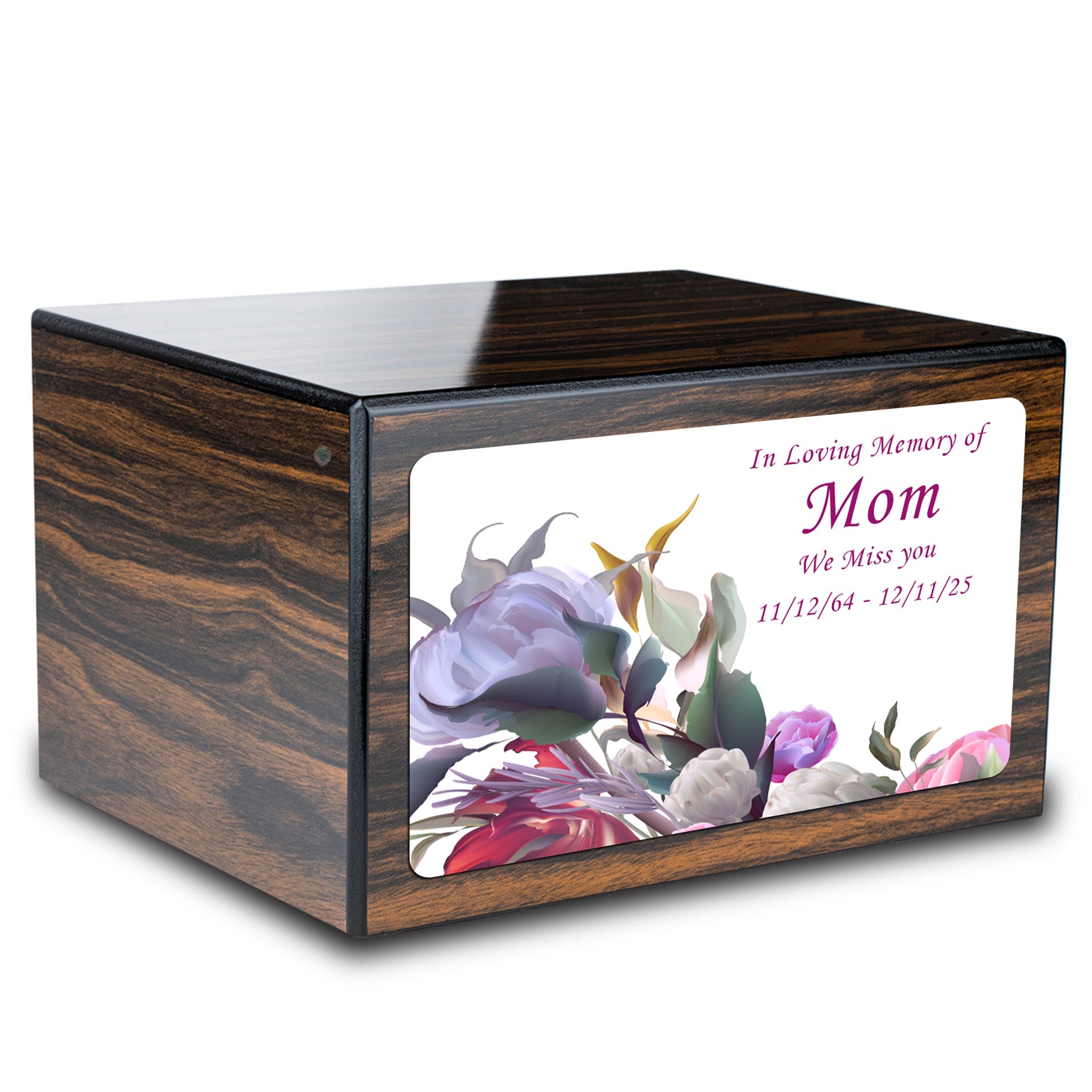 Custom Printed Heritage Espresso Flowers Wood Box Cremation Urn