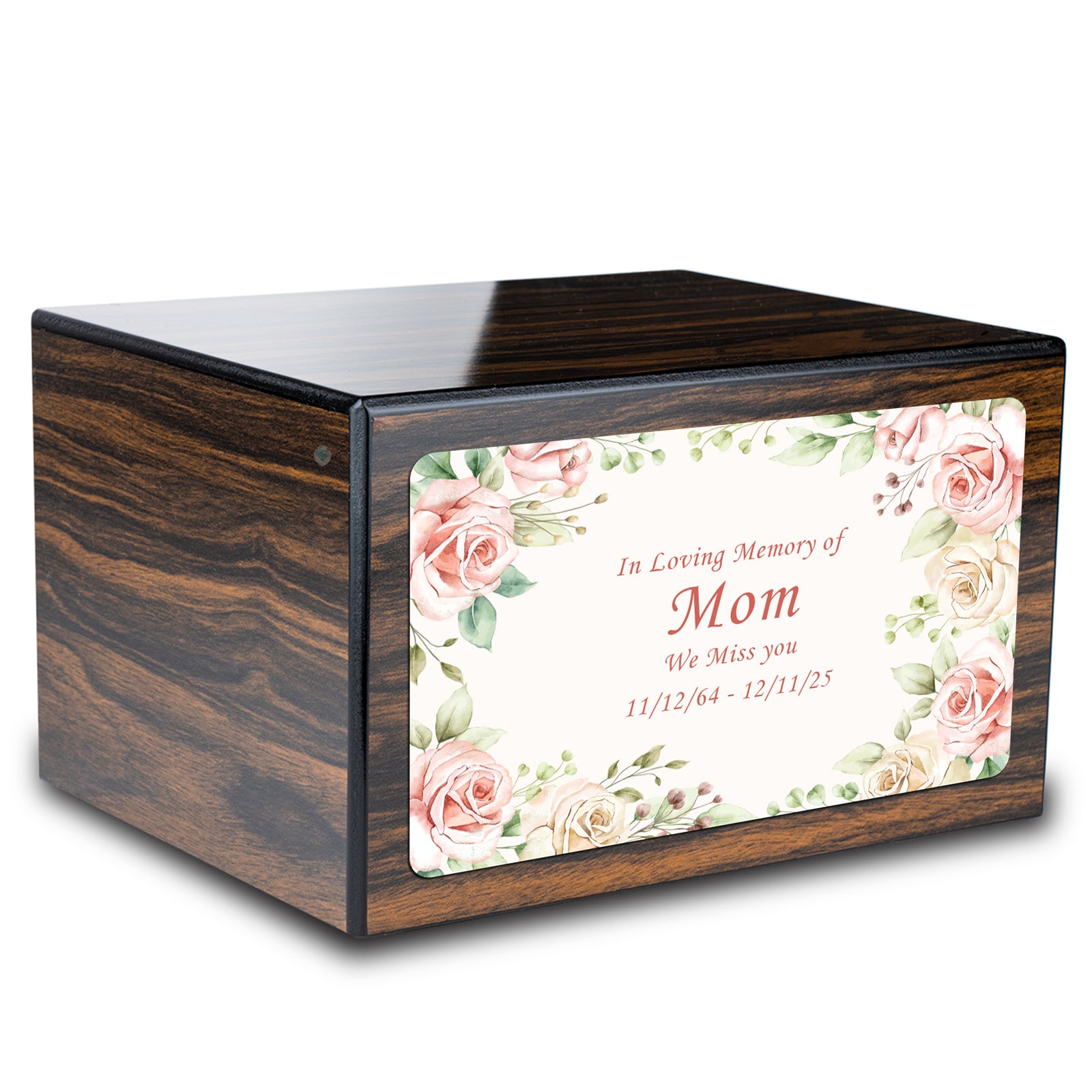 Custom Printed Heritage Espresso Flower Frame Wood Box Cremation Urn