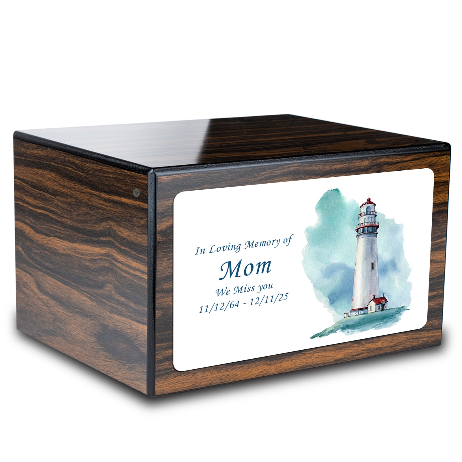 Custom Printed Heritage Espresso Lighthouse Wood Box Cremation Urn