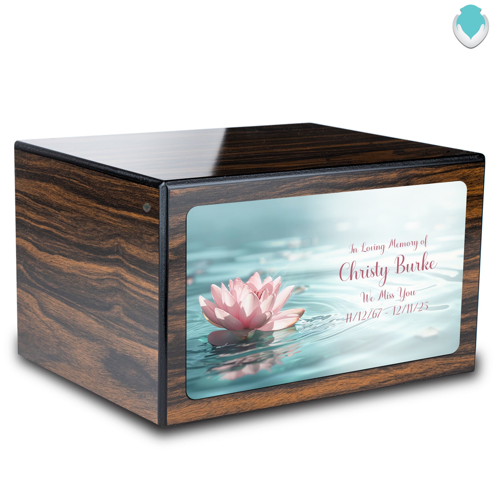 Custom Printed Heritage Espresso Lotus Flower Wood Box Cremation Urn