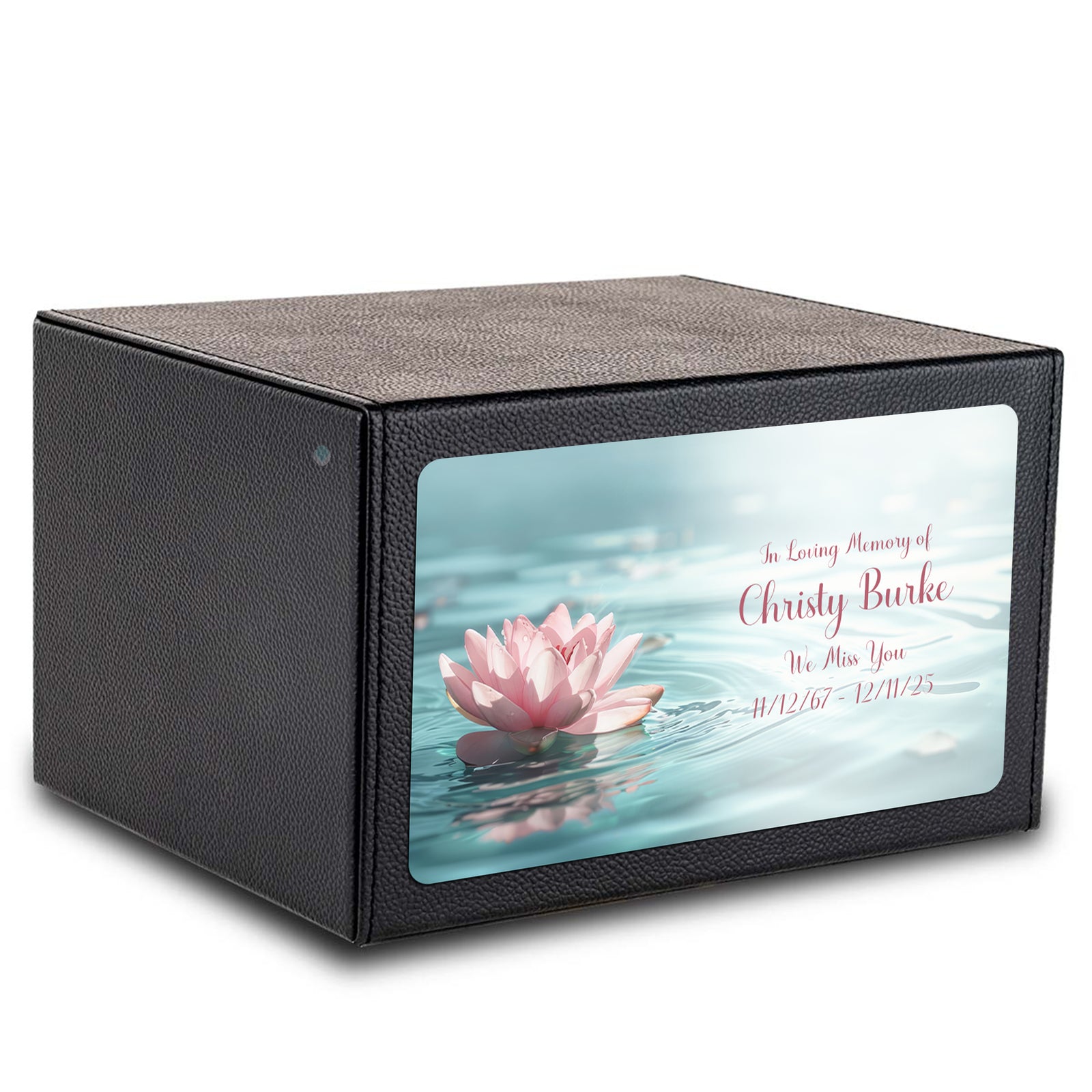Custom Printed Heritage Leather Lotus Flower Wood Box Cremation Urn