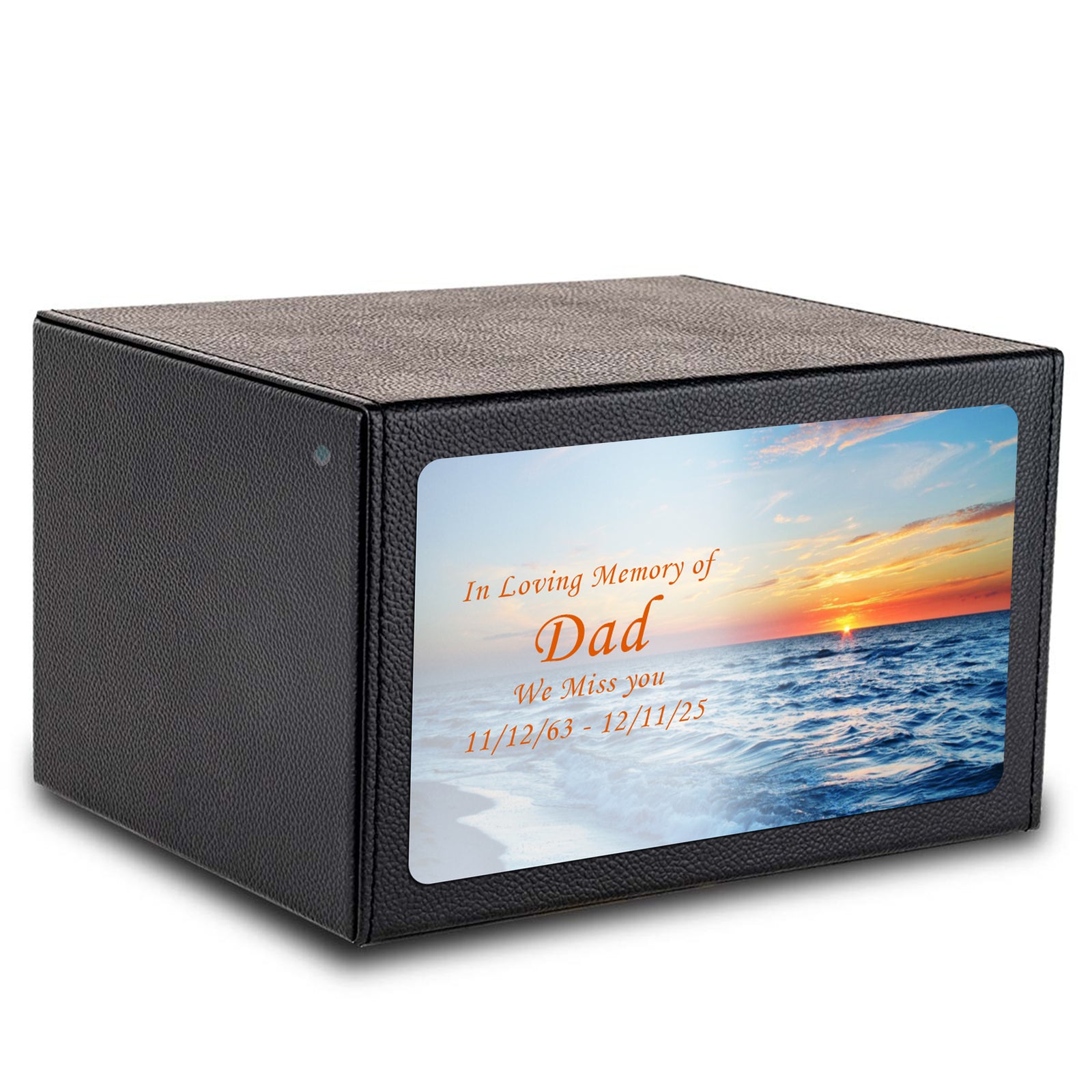 Custom Printed Heritage Leather Ocean Sunset Wood Box Cremation Urn
