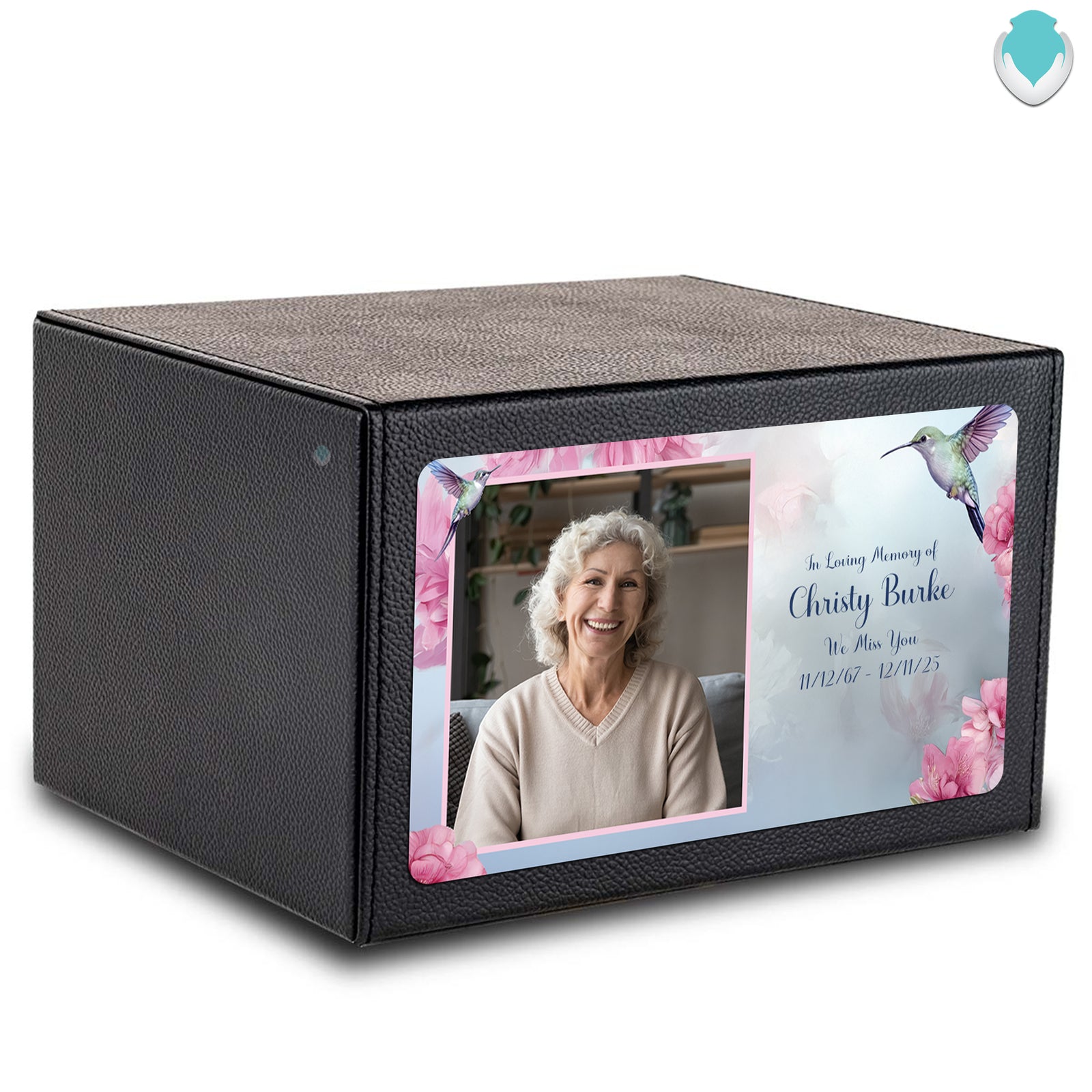 Custom Printed Heritage Leather Photo Hummingbird Wood Box Cremation Urn