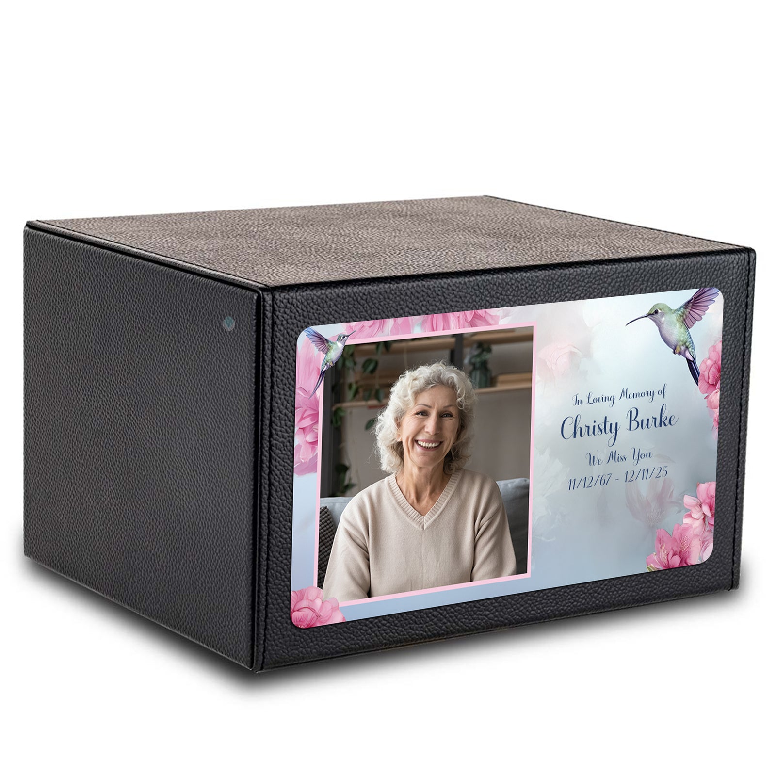 Custom Printed Heritage Leather Photo Hummingbird Wood Box Cremation Urn