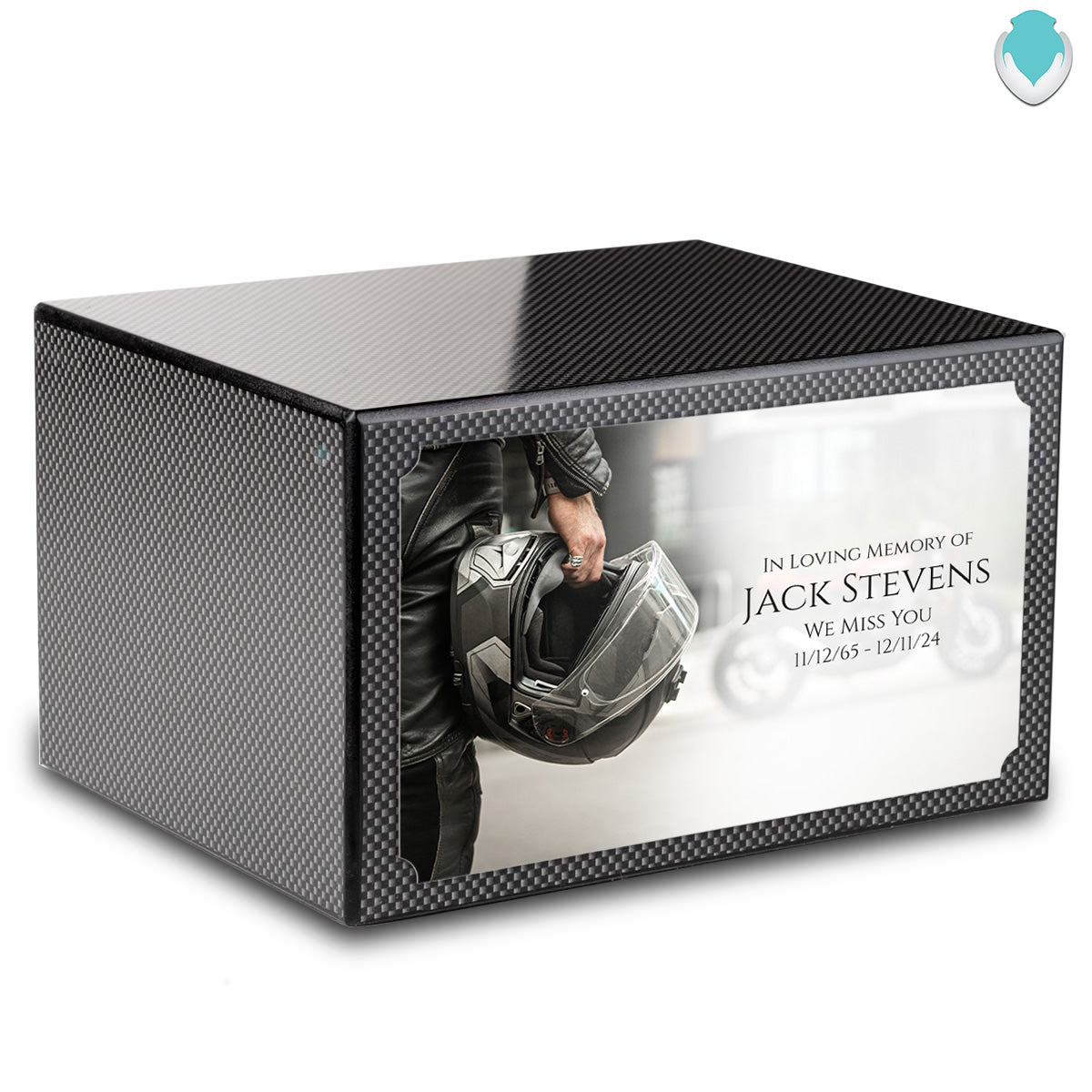 Custom Printed Heritage Carbon Fiber Motorcycle Helmet Wood Box Cremation Urn