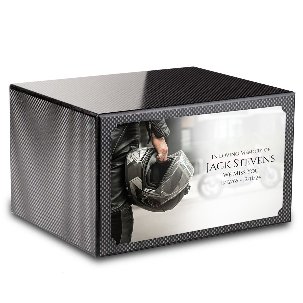 Custom Printed Heritage Carbon Fiber Motorcycle Helmet Wood Box Cremation Urn