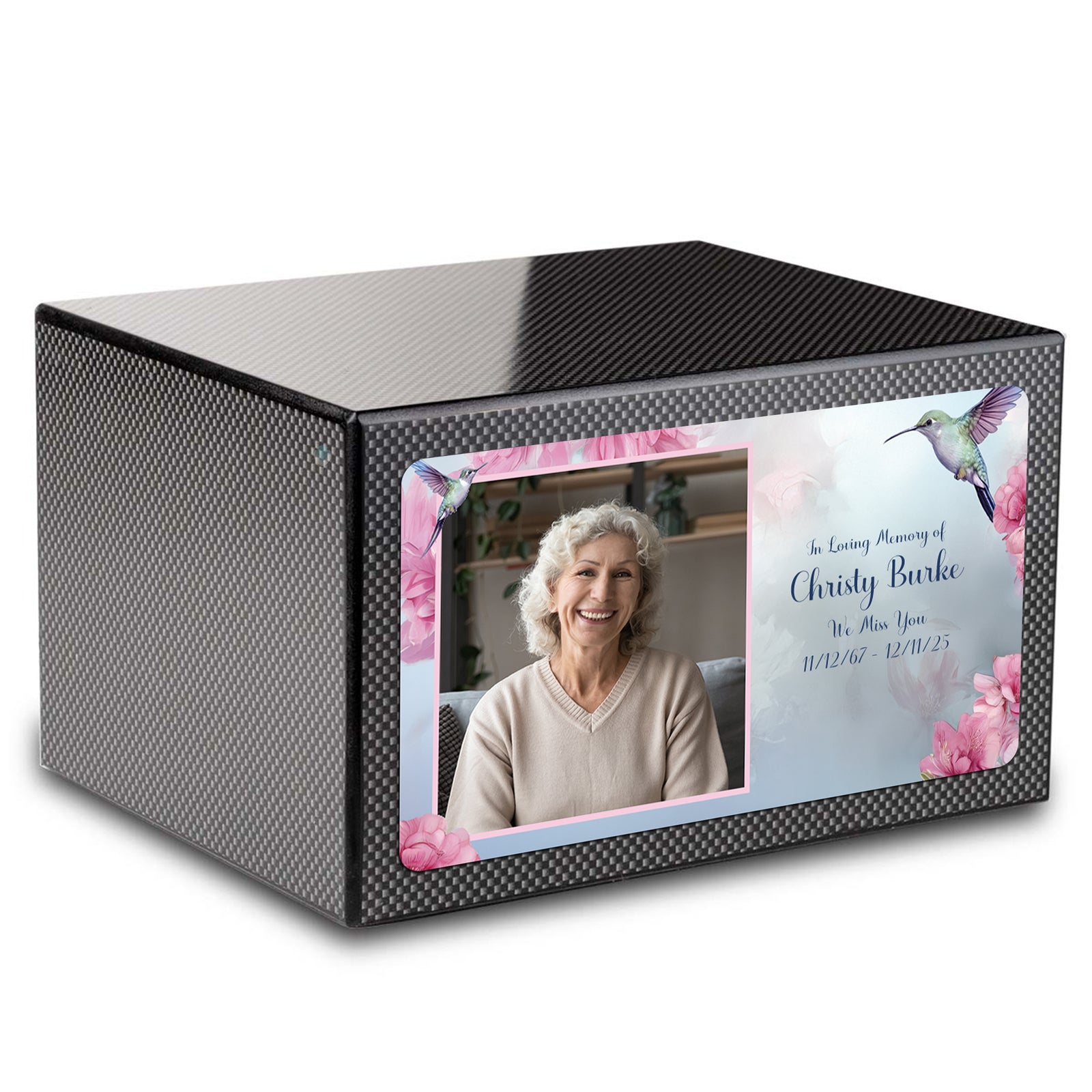 Custom Printed Heritage Carbon Fiber Photo Hummingbird Wood Box Cremation Urn