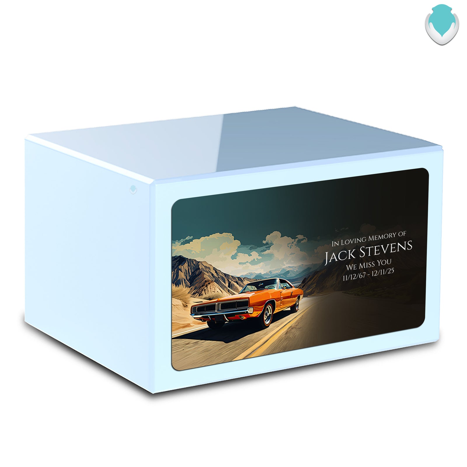 Custom Printed Heritage Light Blue Classic Car Wood Box Cremation Urn