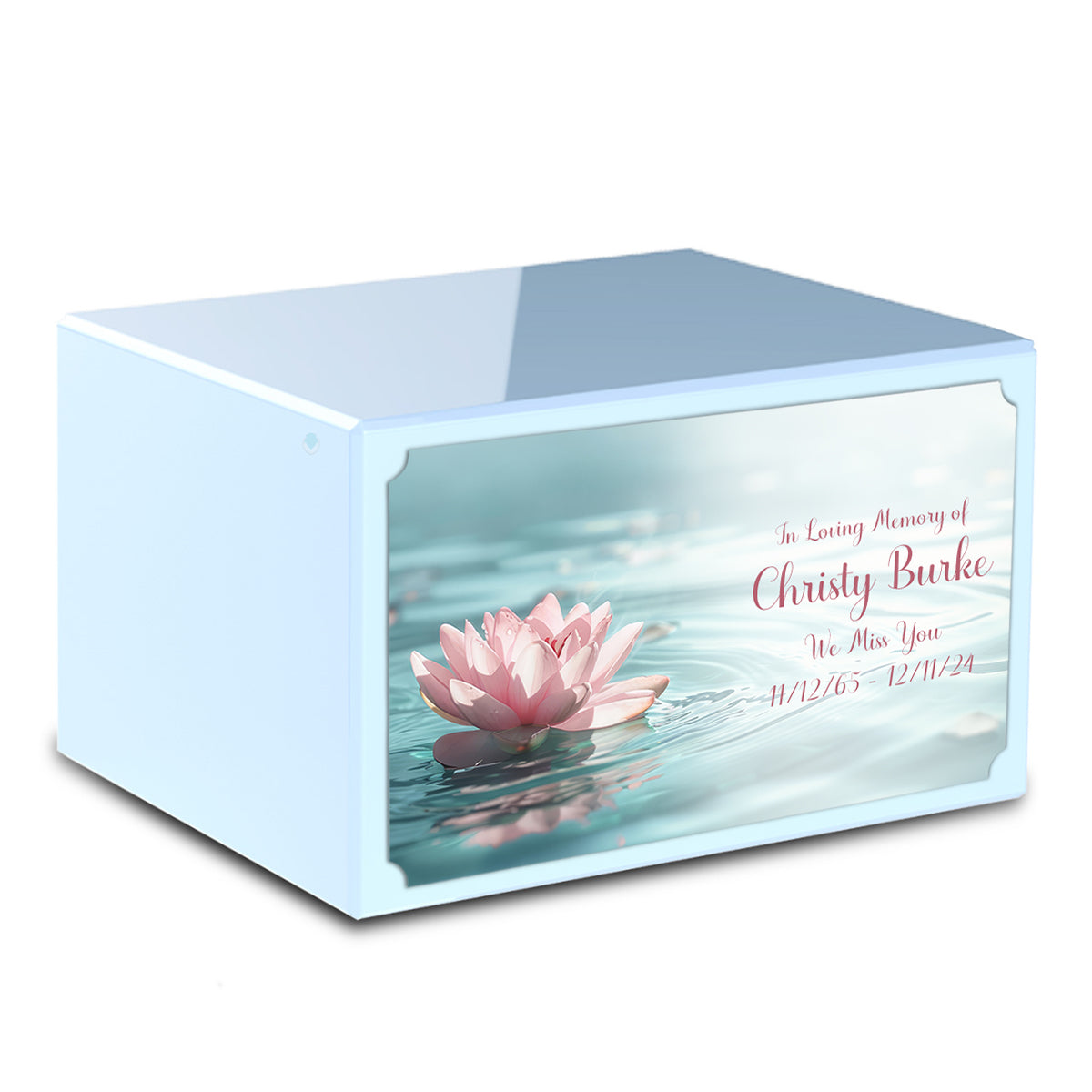 Custom Printed Heritage Light Blue Lotus Flower Wood Box Cremation Urn