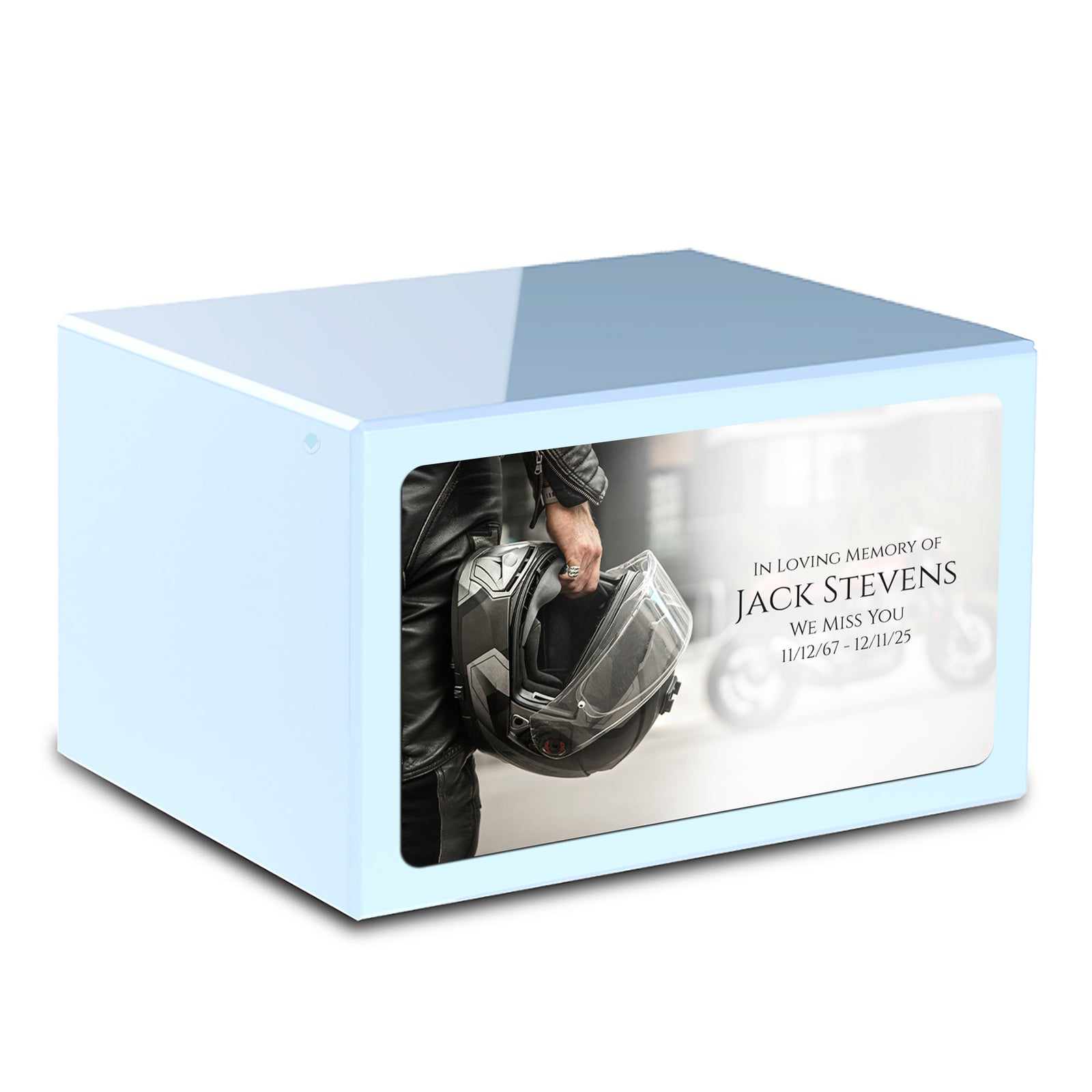 Custom Printed Heritage Light Blue Motorcycle Helmet Wood Cremation Urn Box